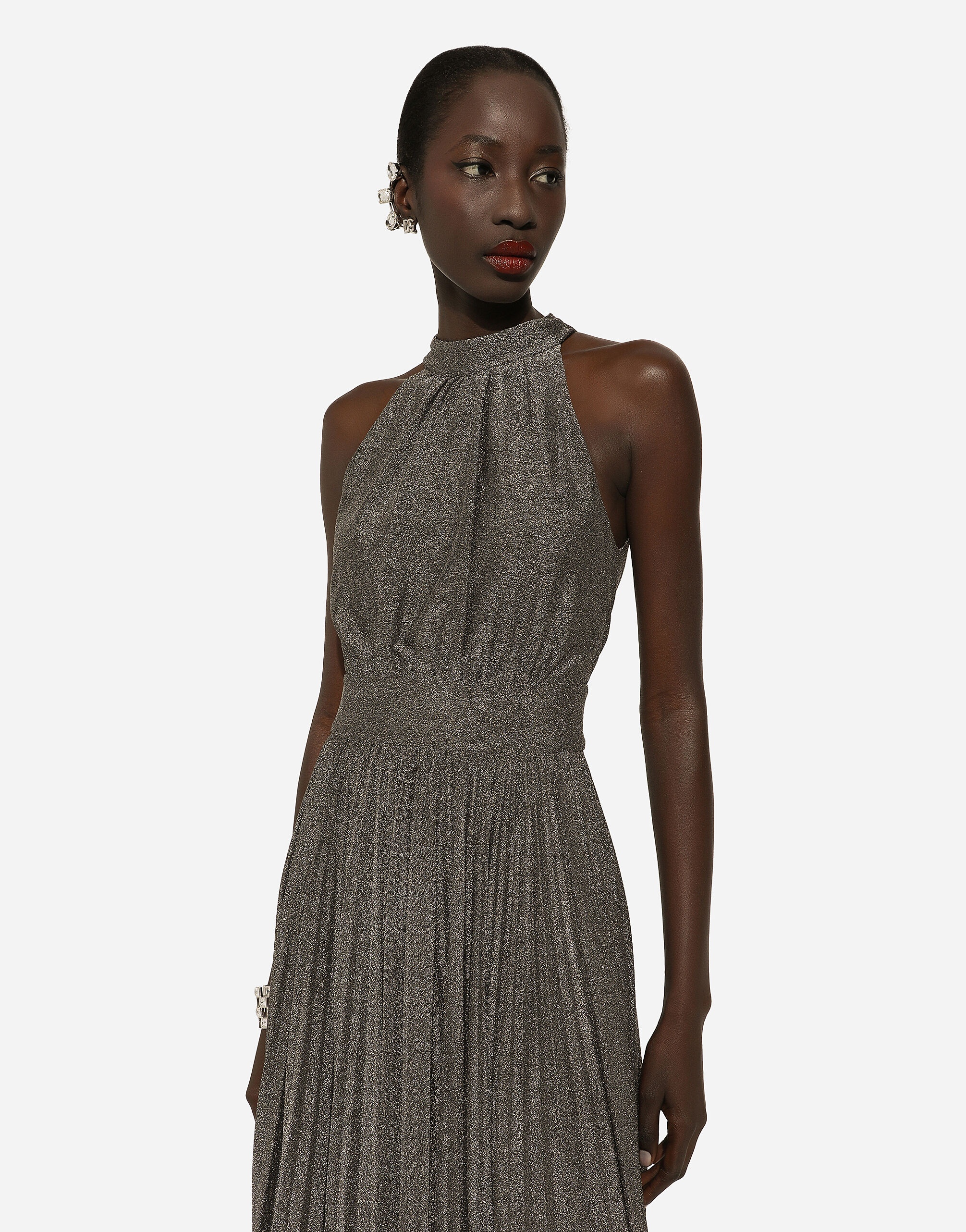 Pleated jersey lurex calf-length dress - 4