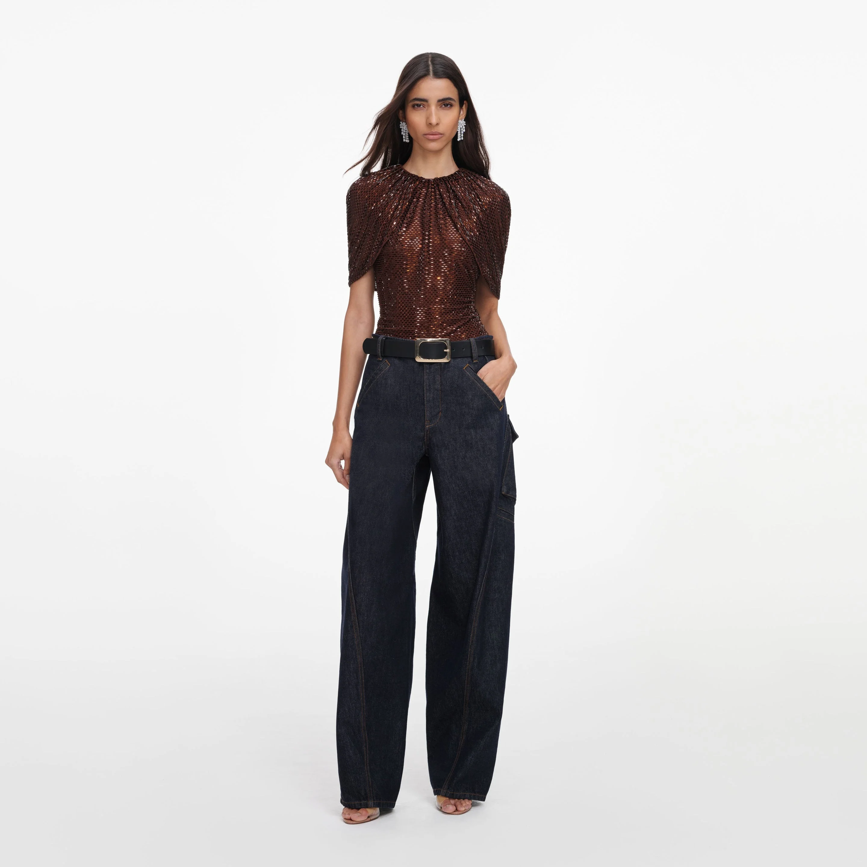 Brown Rhinestone Cape Sleeve Top - 1