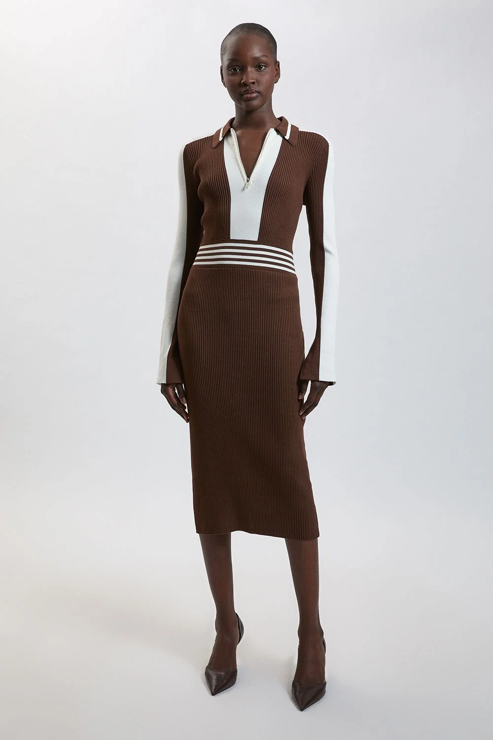 Rib Knit Polo Zip Up Midi Dress - 1