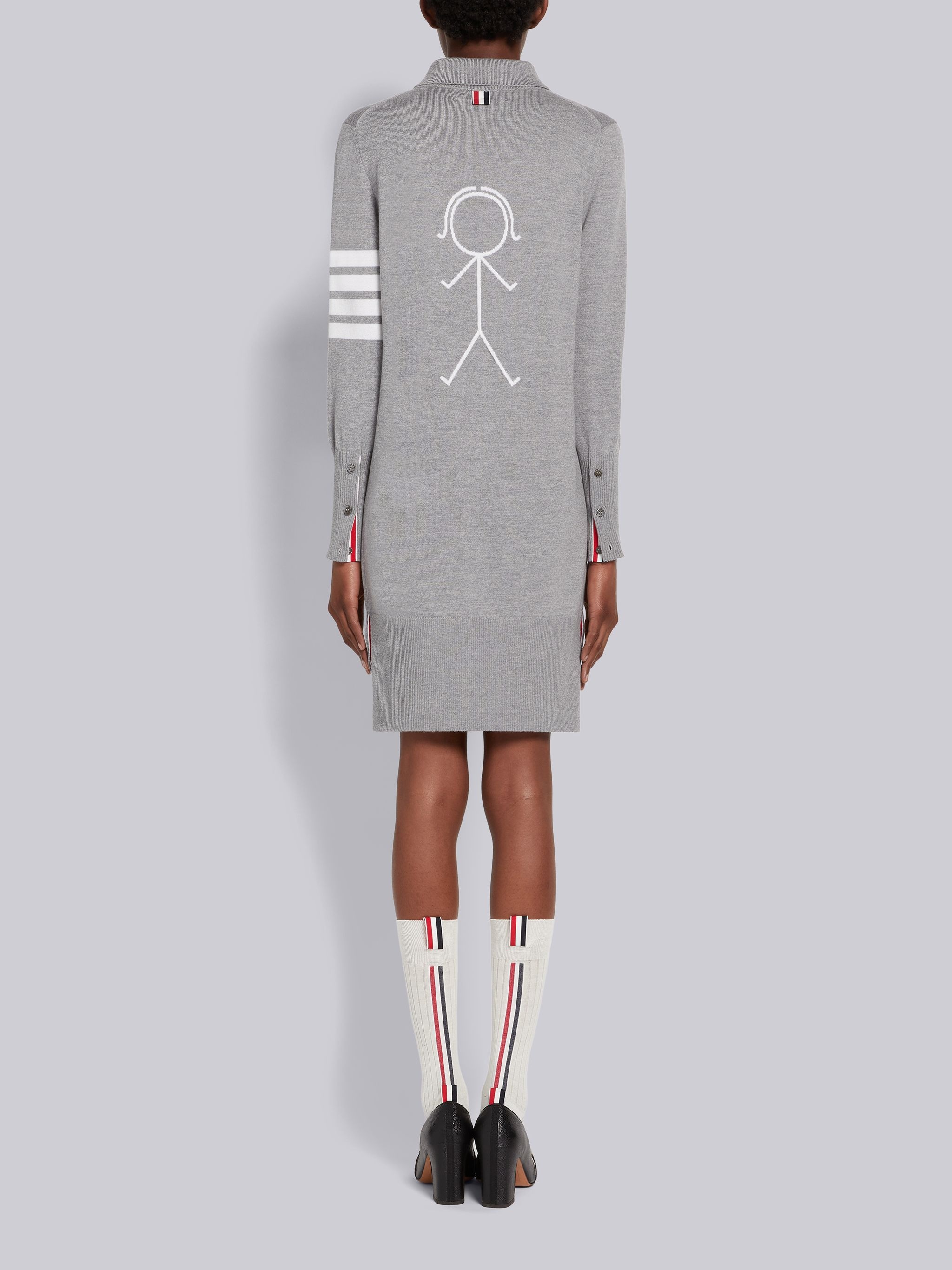 Light Grey Fine Merino Wool 4-Bar Mrs. Thom Intarsia Long Sleeve Mini Polo Dress - 3