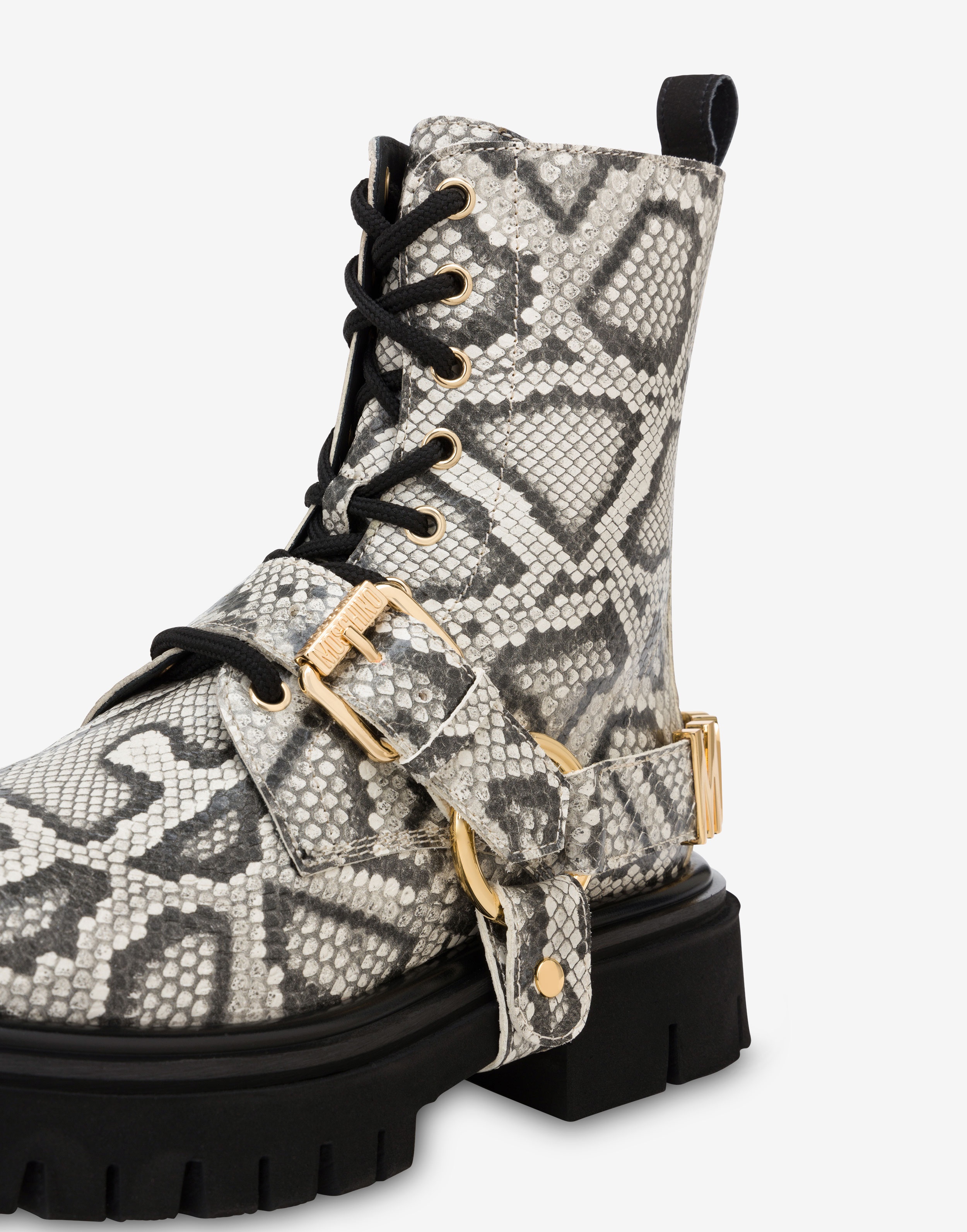 PYTHON-PRINT CALFSKIN COMBAT BOOTS - 4
