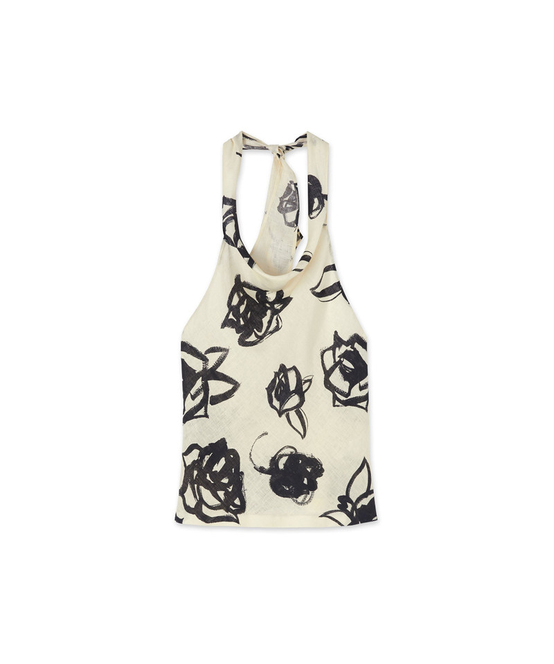 혼합 된 린넨 sleeveless 상단과 후드 칼라와 브러시 스트로크 장미 인쇄 1