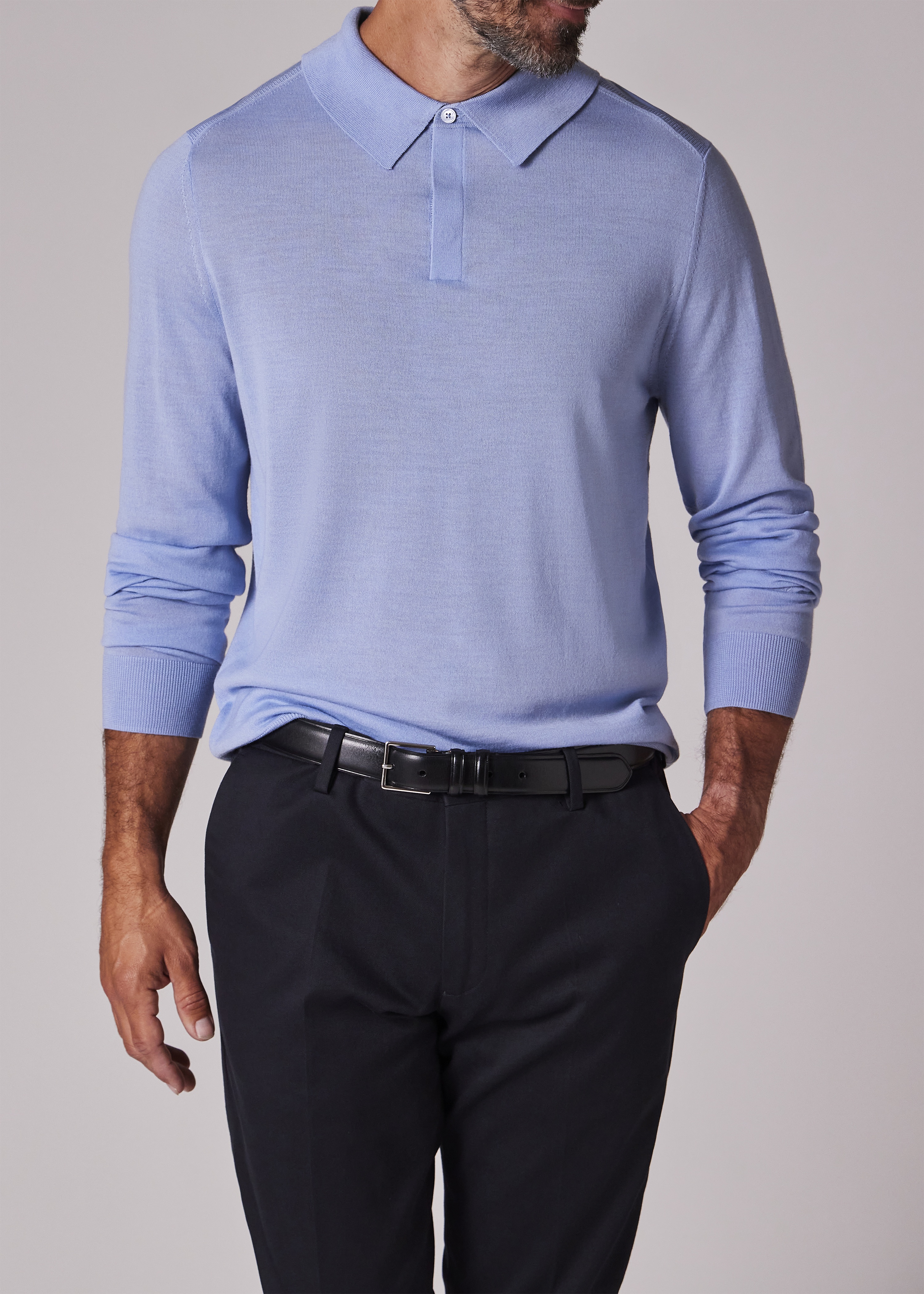 Light Blue Navy Merino Wool Knitted Long-Sleeve Polo Shirt - 3