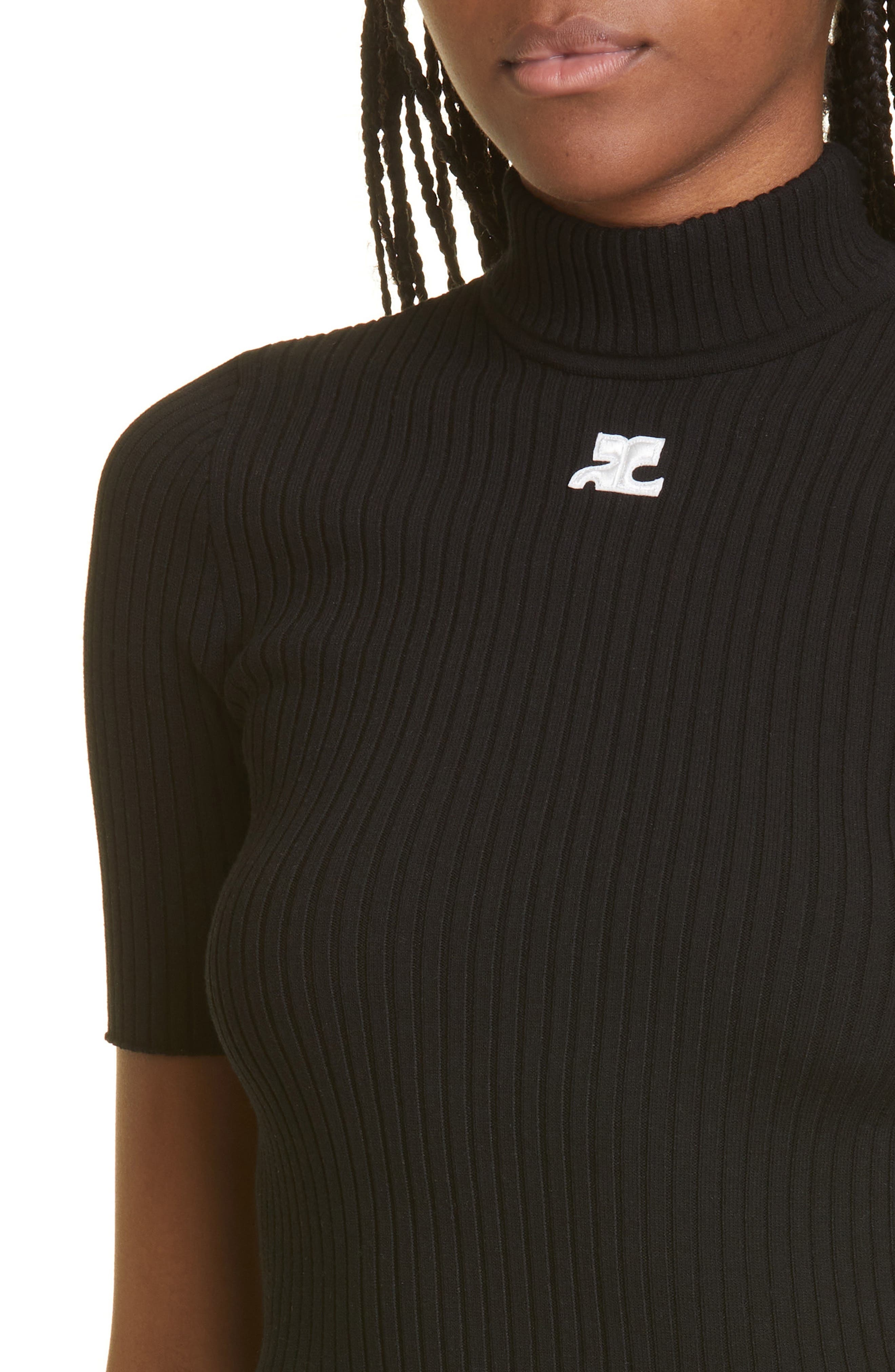 Courrèges Embroidered Logo Mock Neck Rib Sweater in Black at Nordstrom - 5