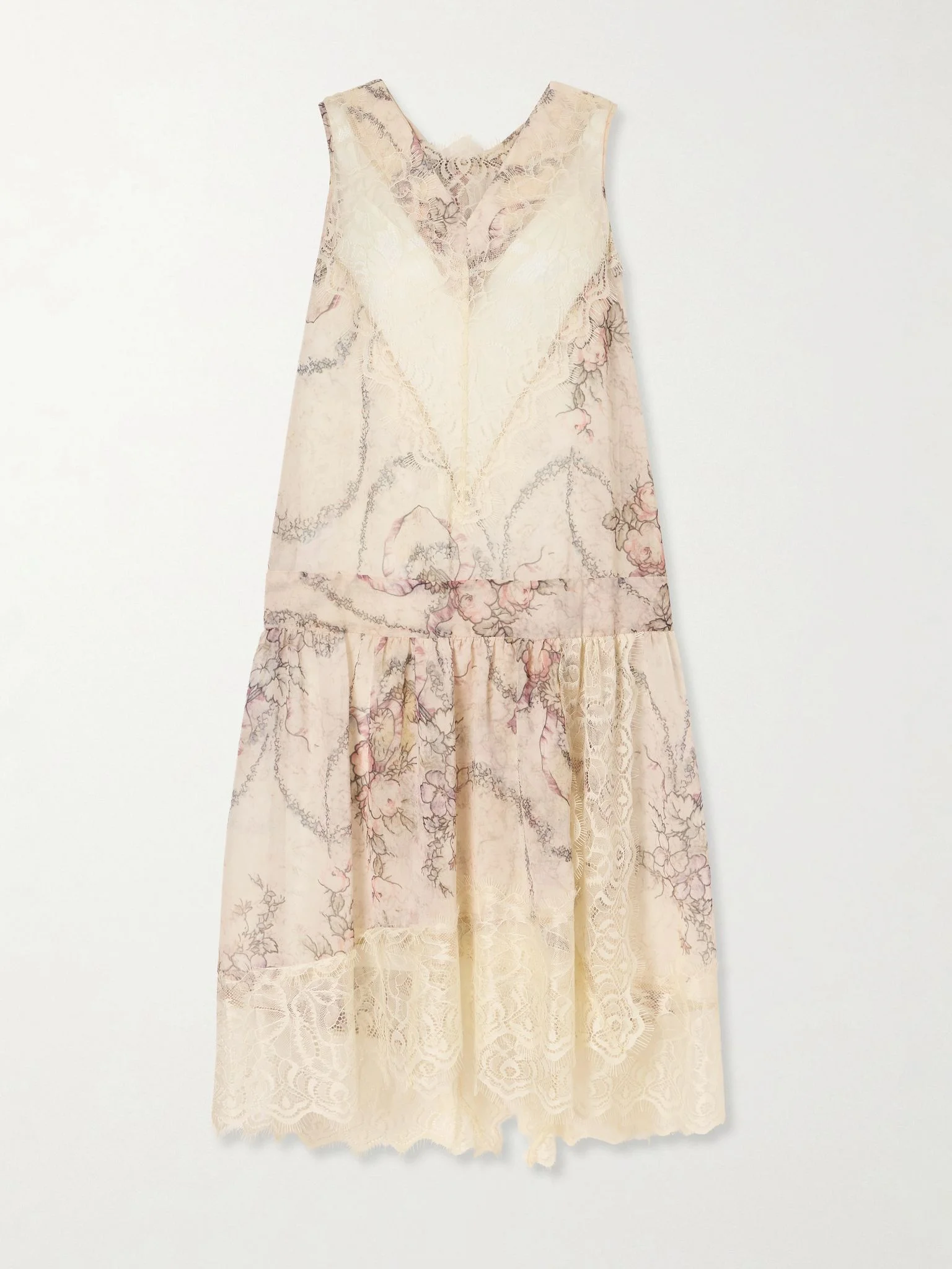 Floral-print lace-trimmed chiffon midi dress Cream - 1