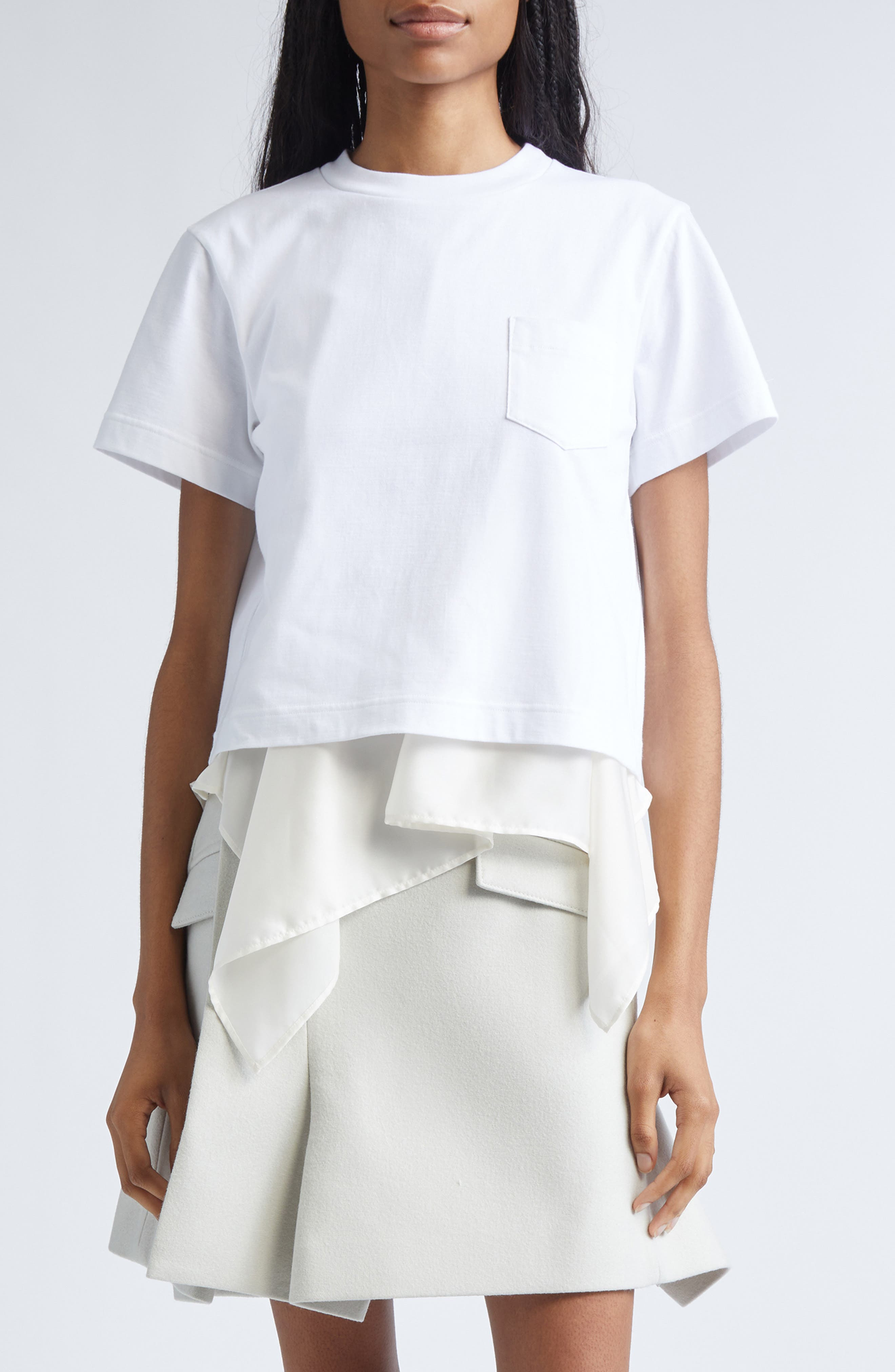 Sacai Mixed Media Satin & Cotton Jersey Pocket T-Shirt in Off White/Ecru at Nordstrom - 1