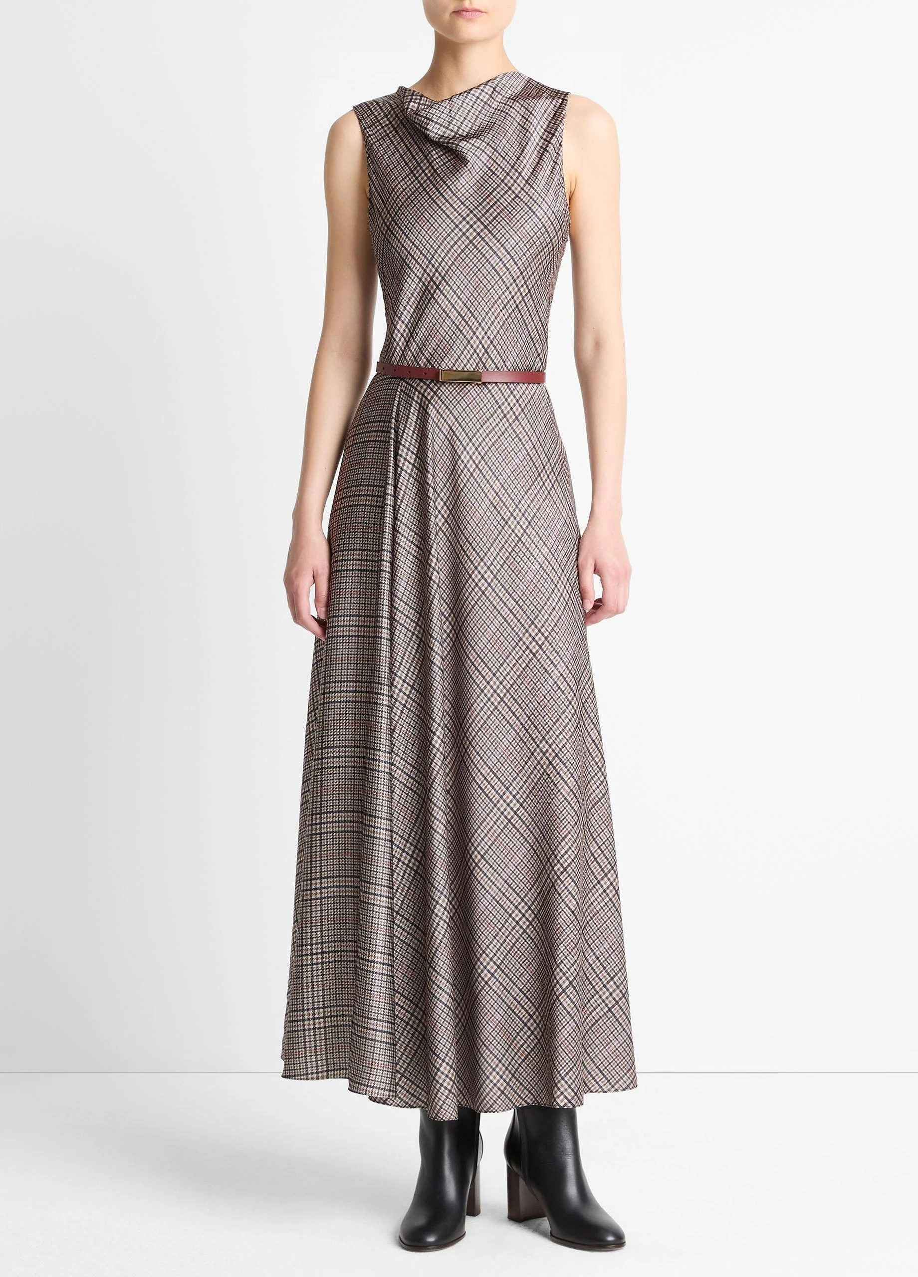 Pressed Plaid Satin Cowl-Neck Dress - 1