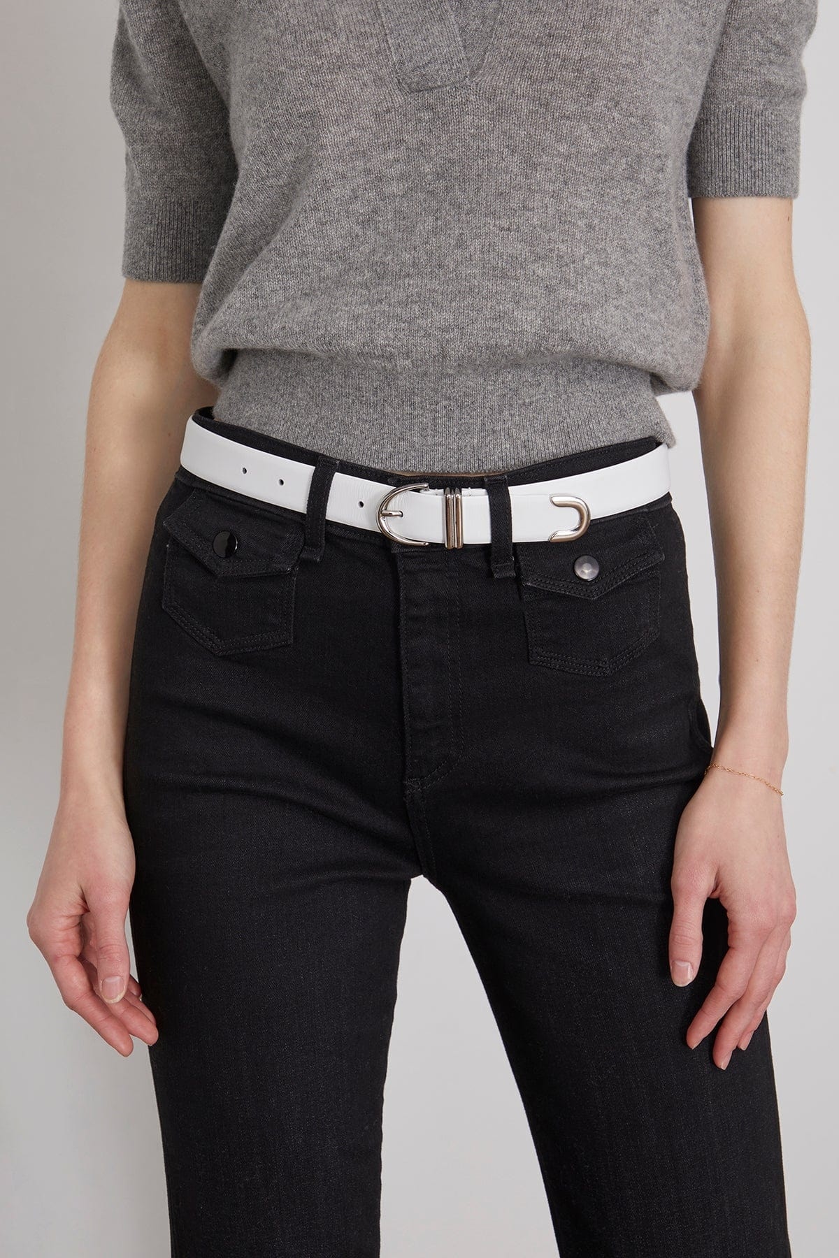 KHAITE Bambi Skinny Belt with Silver Hardware in Optic White 