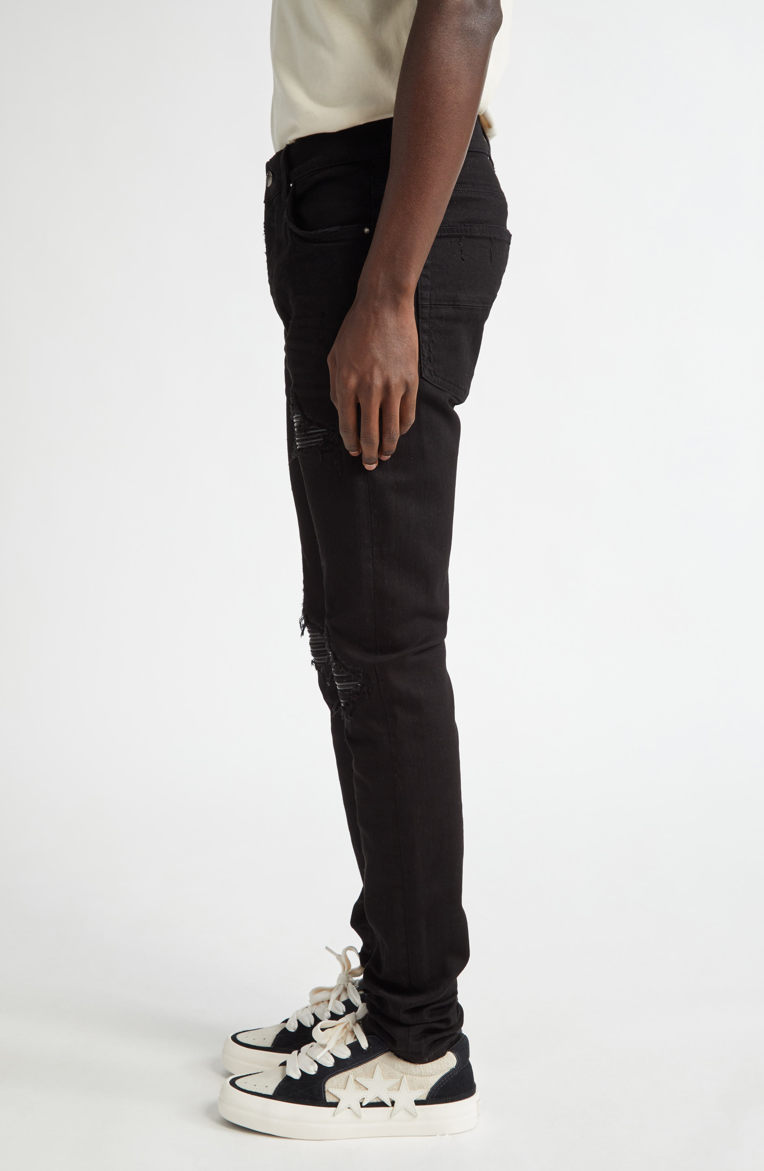 AMIRI MX1 Leather Patch Ripped Skinny Jeans in Black Od at Nordstrom - 4