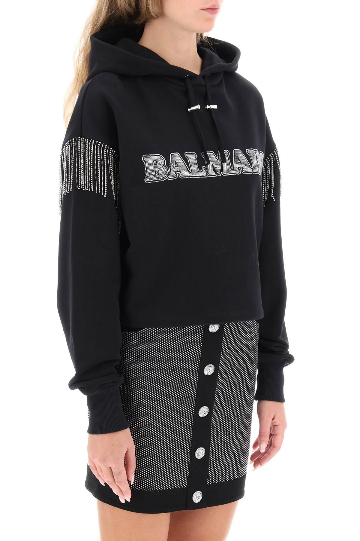 Balmain Cropped Hoodie With Rhinestone Studded Logo And Crystal Cupchains - 3