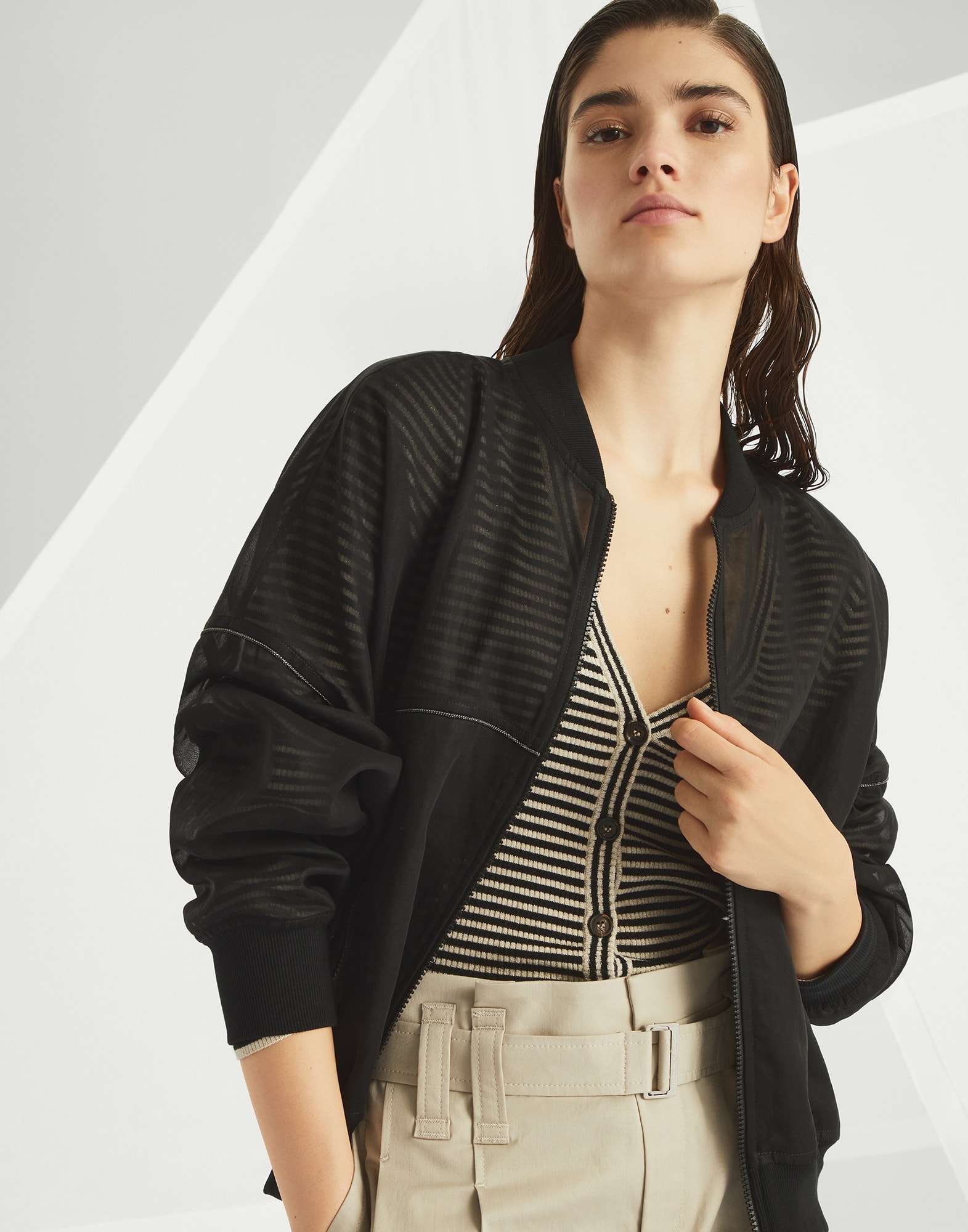 Cotton organza bomber jacket with shiny trims - 4
