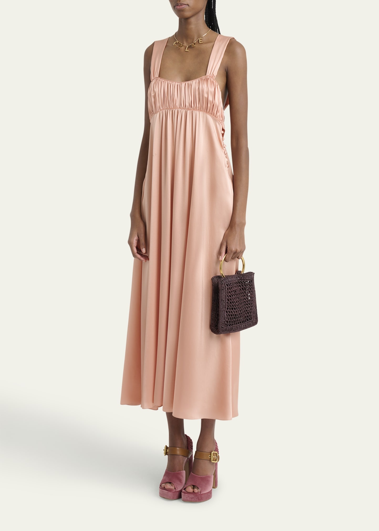Sleeveless Shirred Silk Satin Midi Dress - 4