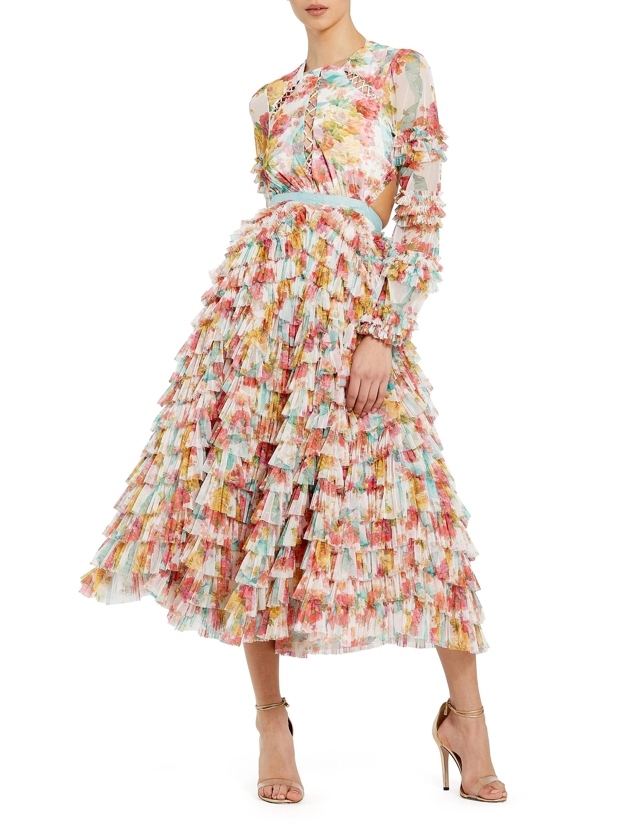 Women's Cocktail Floral Mesh Ruffled Cut-Out Midi-Dress - White Multi - 1