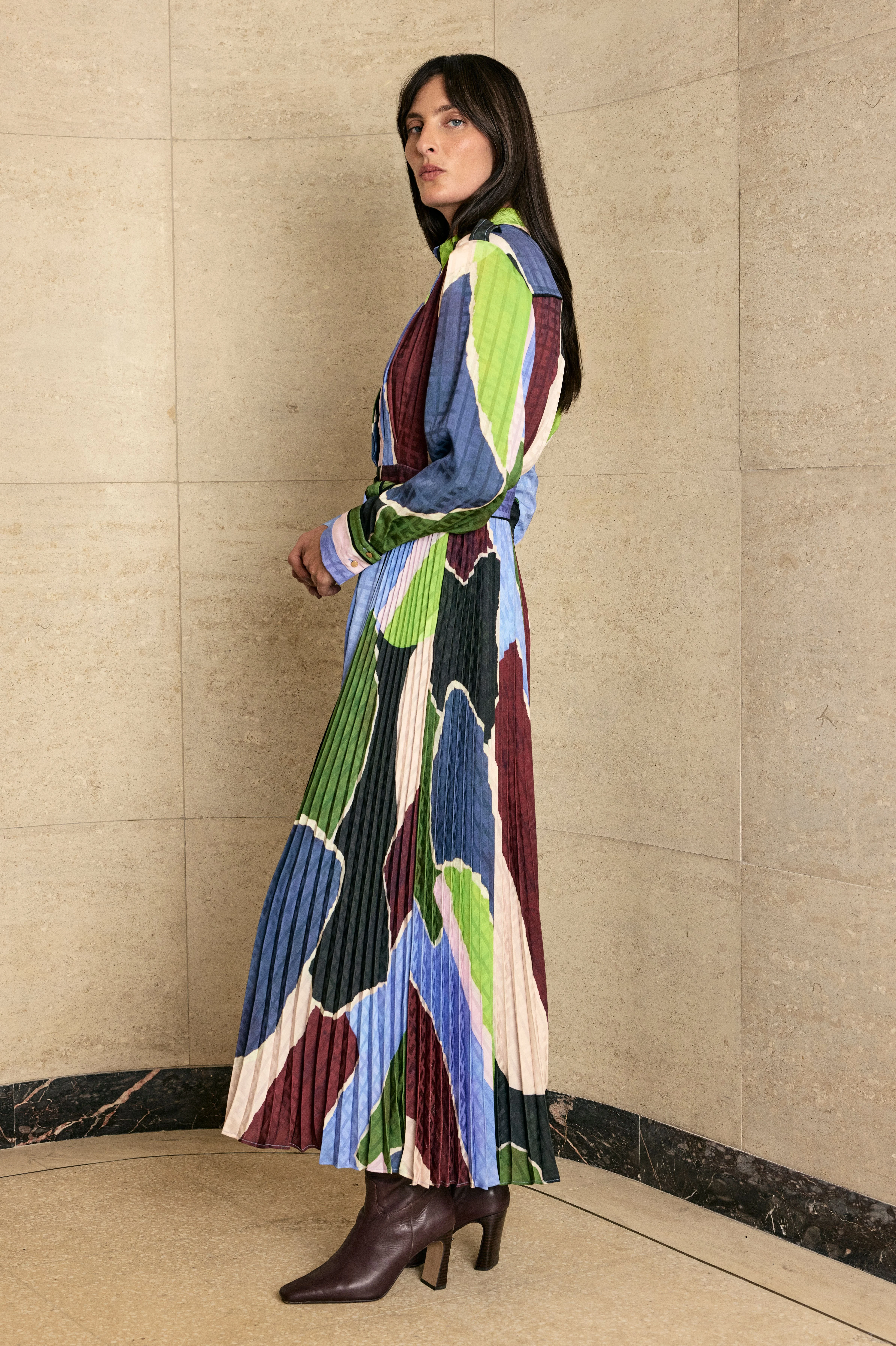Harper's Bazaar Satin Geo Print Pleated Tie Waist Maxi Dress - 1