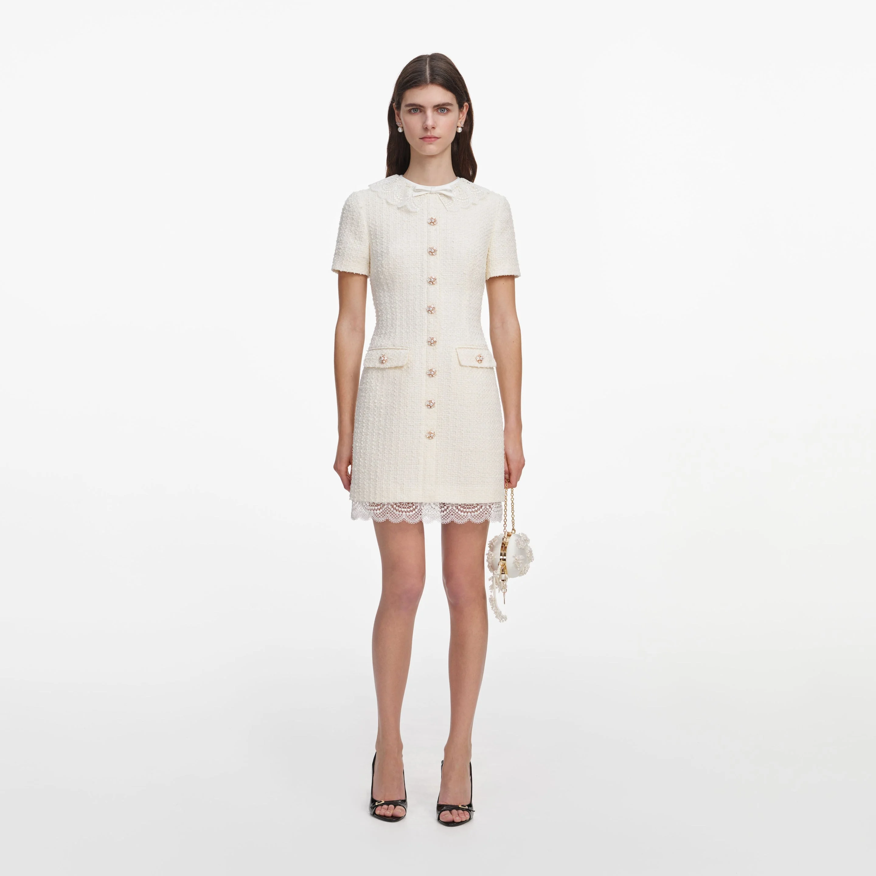 Cream Boucle Lace Trim Tailored Mini Dress - 1