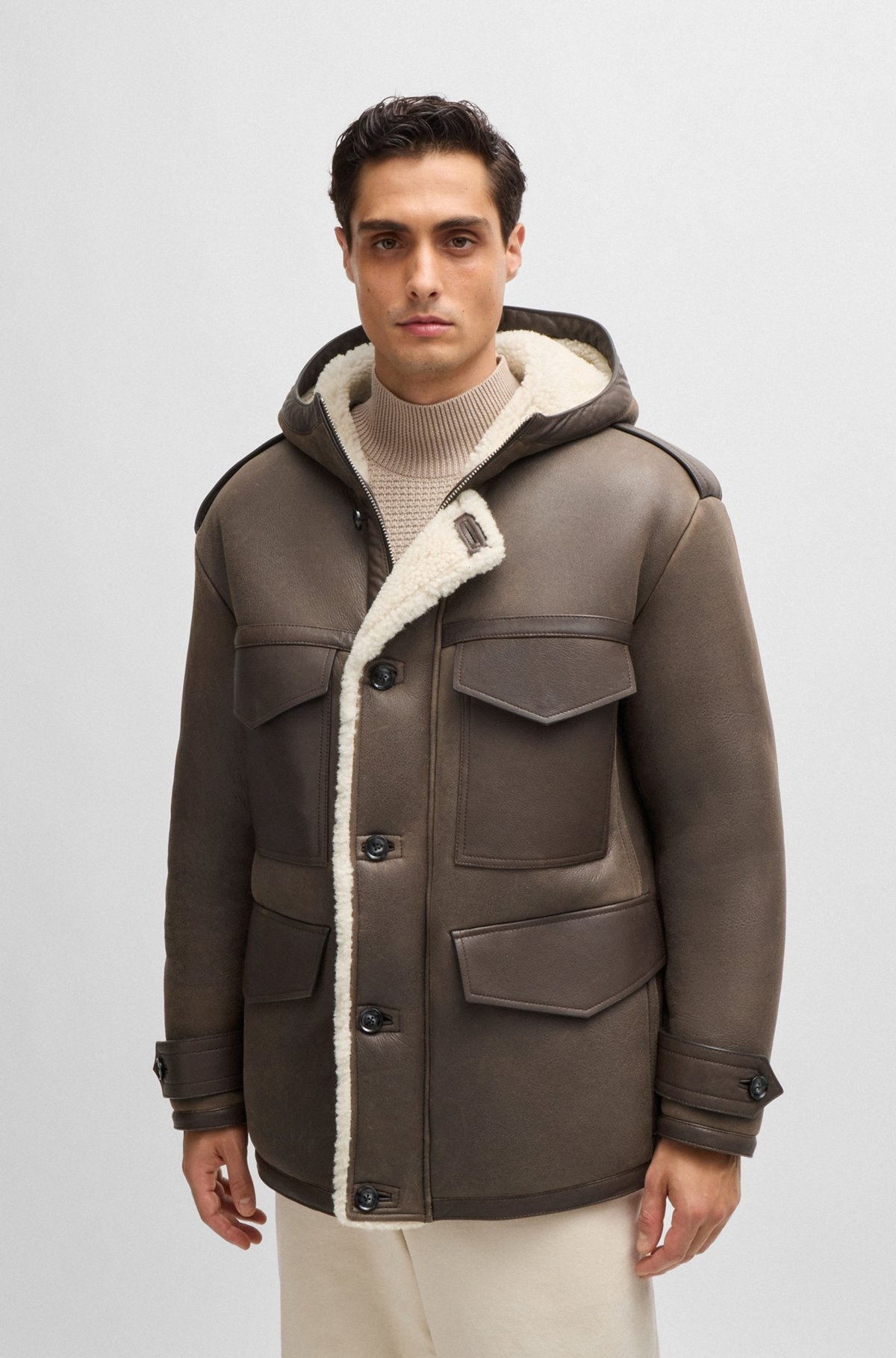 REGULAR-FIT HOODED COAT IN SHEEPSKIN WITH PATCH POCKETS - 2