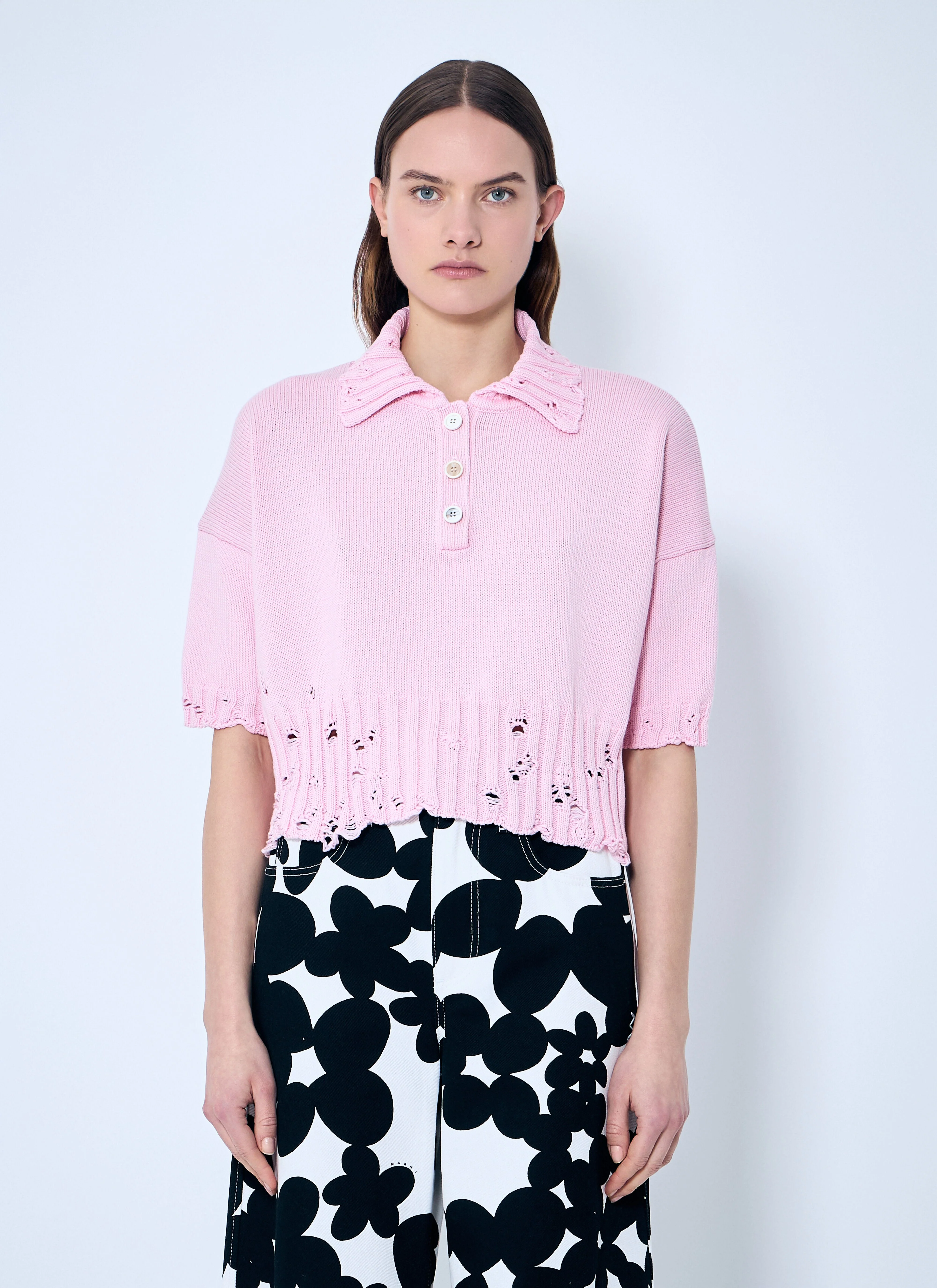 Distressed Knit Polo Shirt - 1