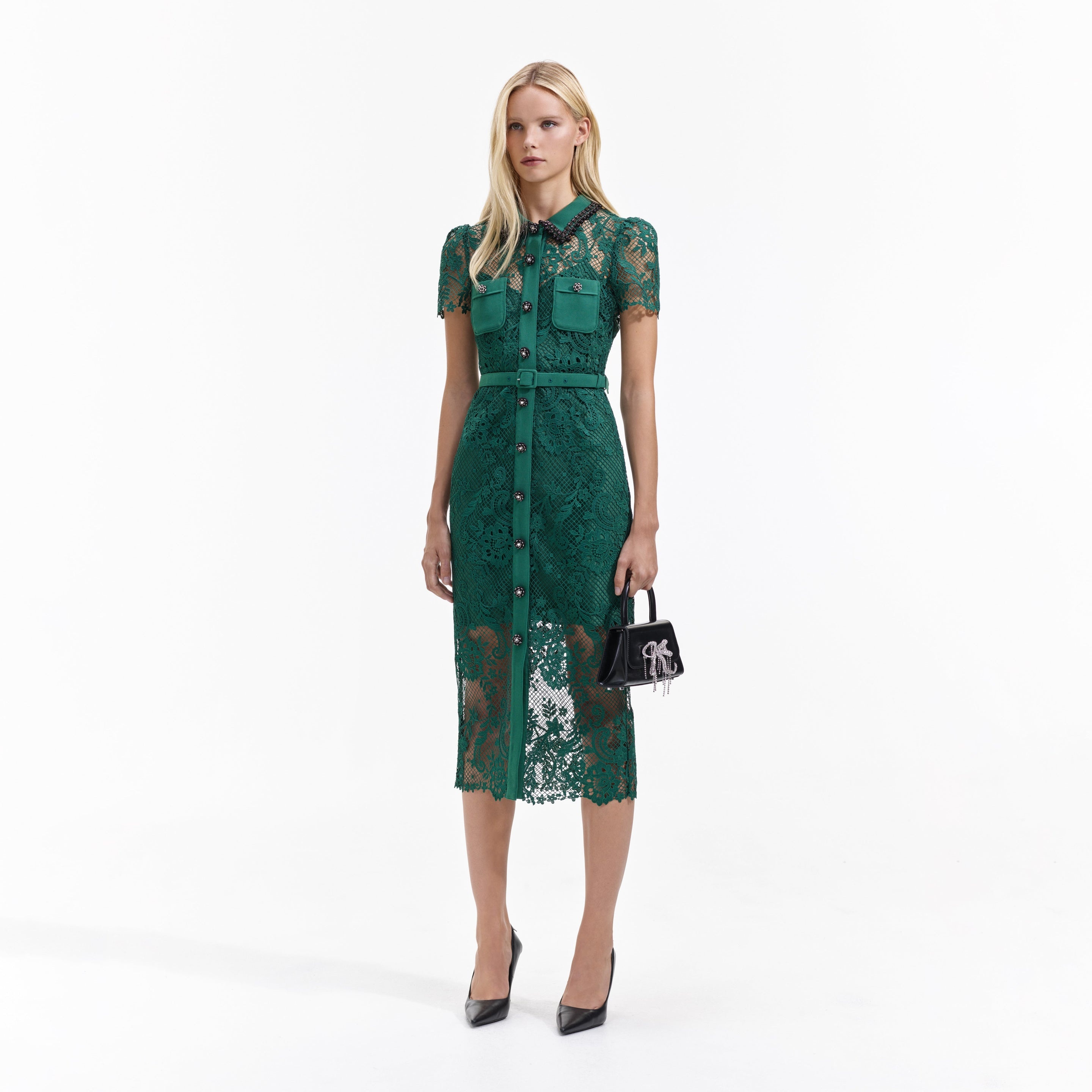 Green Lace Button Front Midi Dress - 2