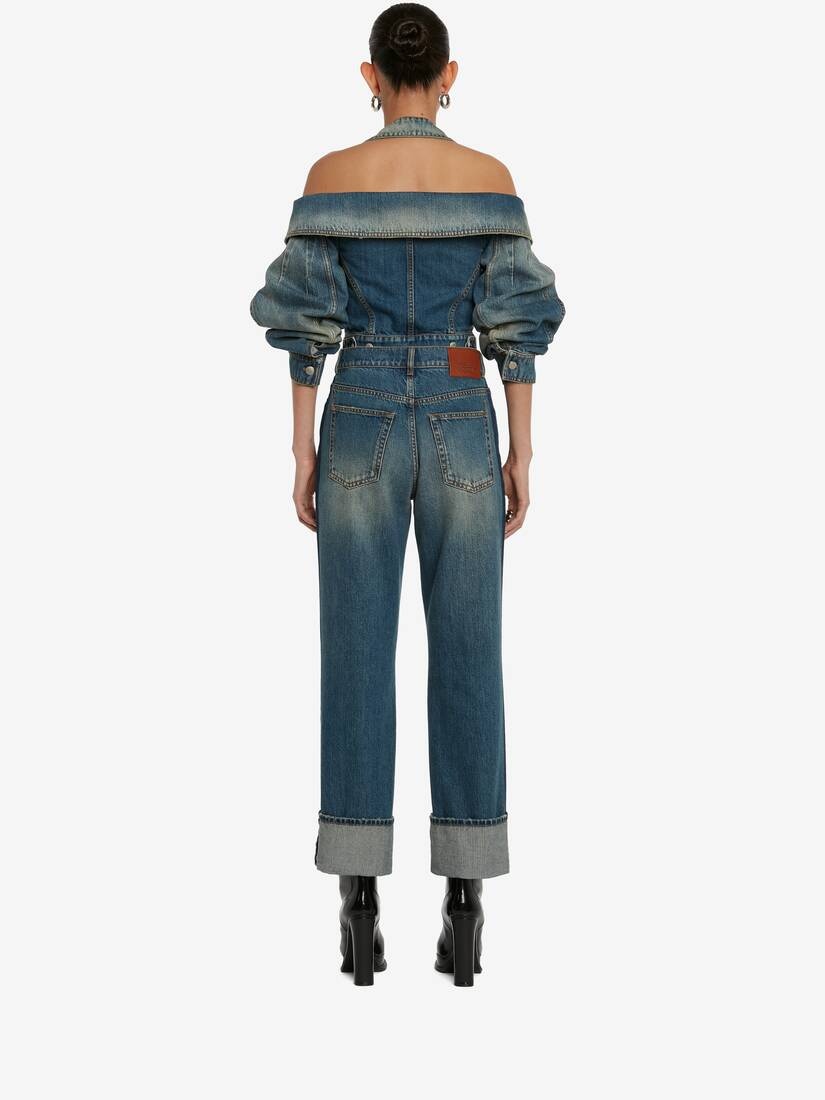 Women's Off-the-shoulder Denim Jacket in Washed Blue - 4