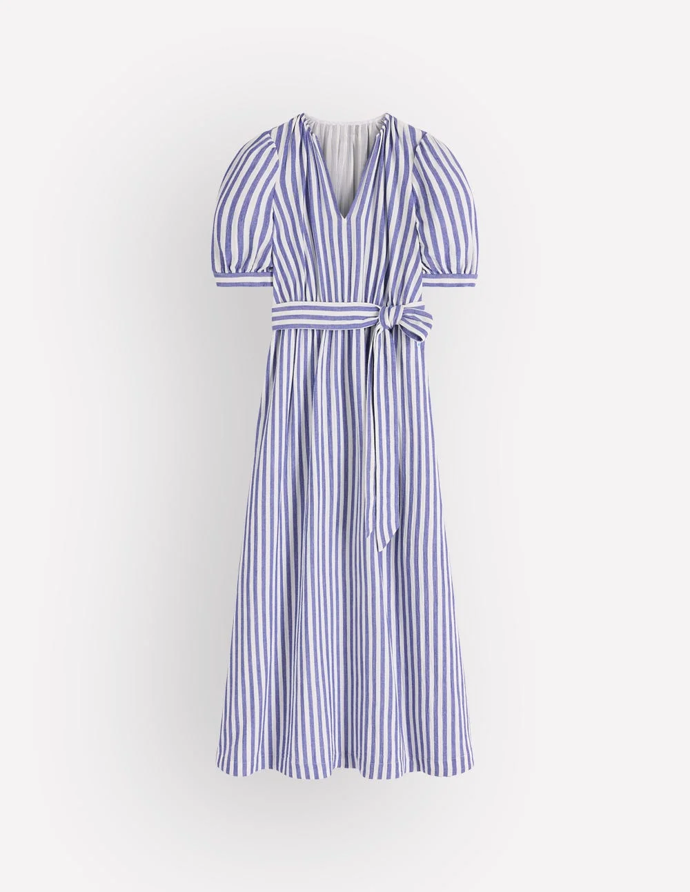 Double Cloth Puff Sleeve Dress-Blue Ivory Stripe - 1
