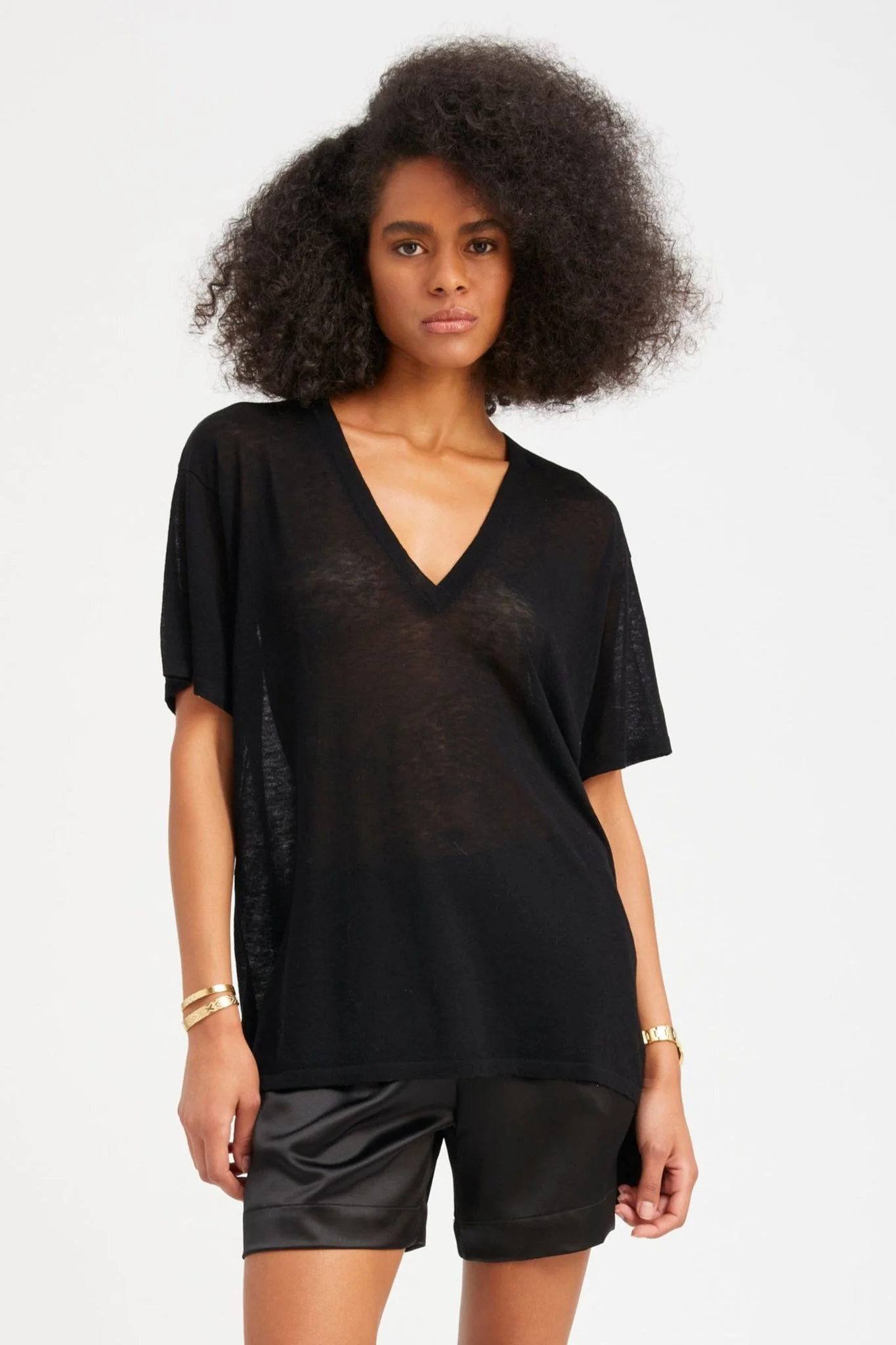 BLACK TISSUE CASHMERE TEE - 1