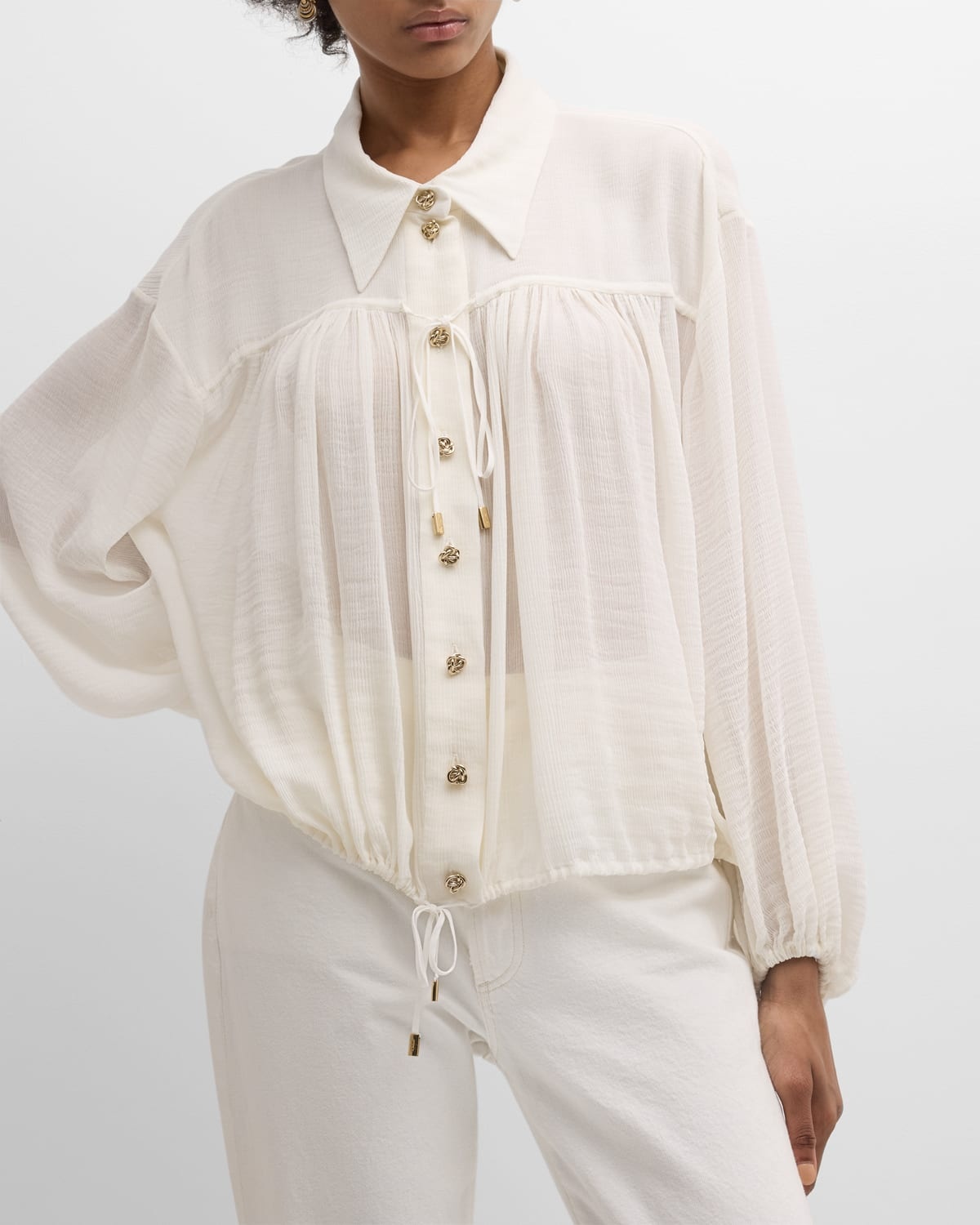 x High Summer Cotton Silk Button-Front Blouson Top - 7