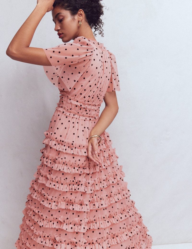 V-Neck Ruffle Tulle Dress-Ivory Black Spot 6