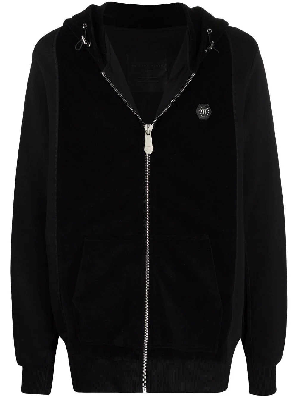 velvet-panelled zip-up hoodie - 1