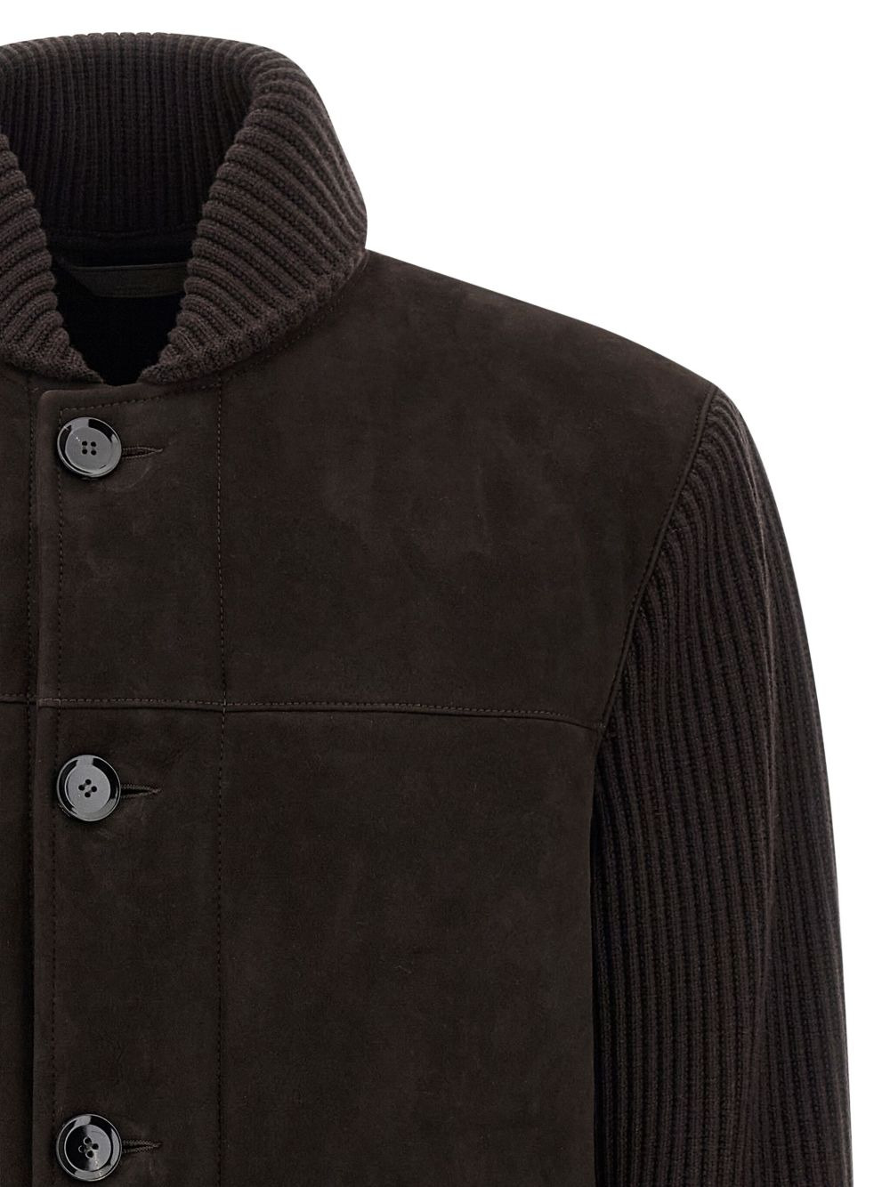 ribbed-sleeve suede bomber jacket - 3