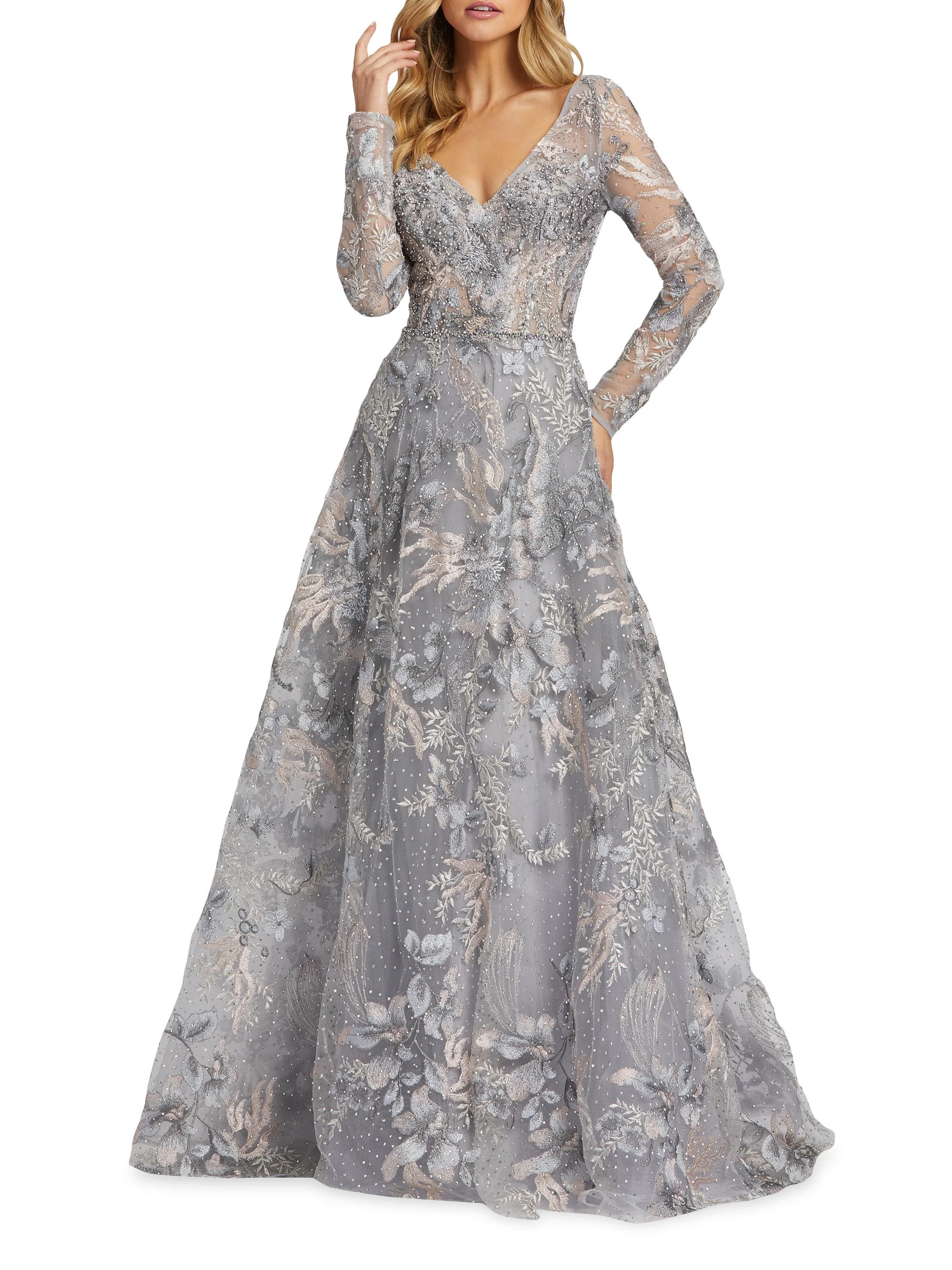 Women's Lace A-Line Gown - Gray Multi - 1