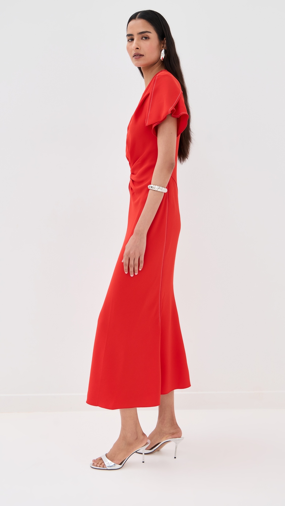 Gathered V Neck Midi Dress - 3
