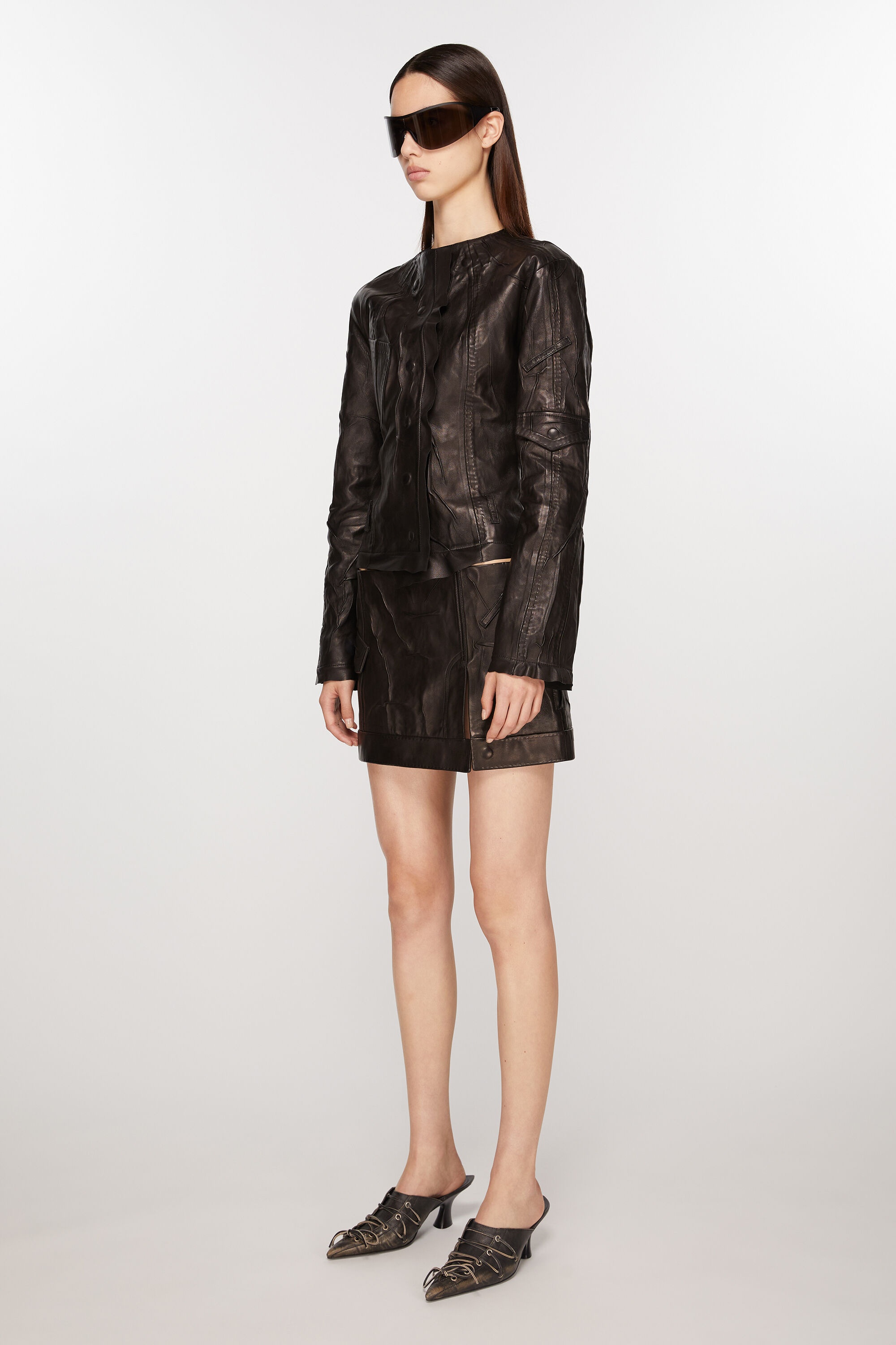 Creased leather mini skirt - Black - 3