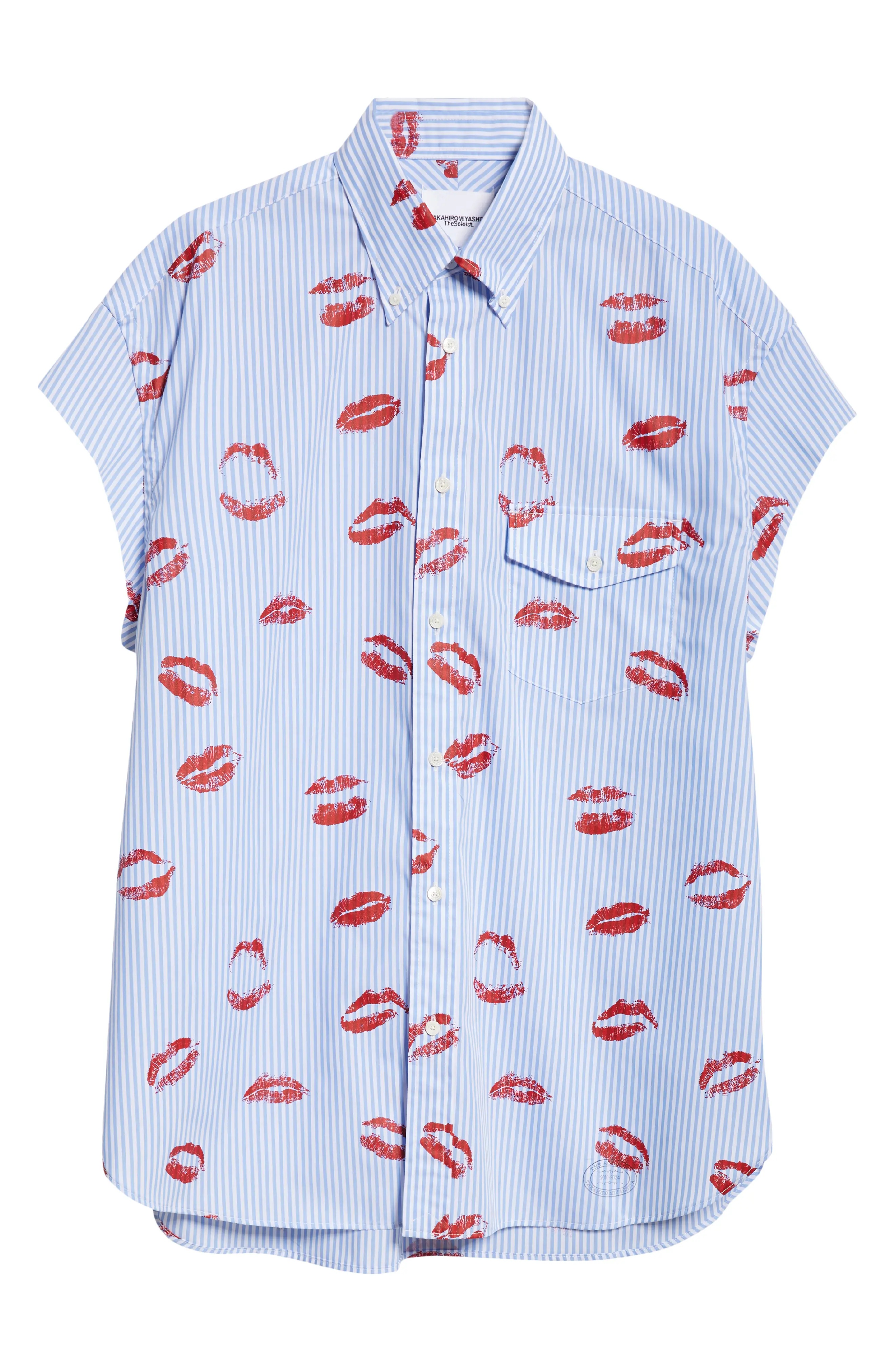 Stripe Lips Print Cutoff Sleeve Button-Down Shirt - 6
