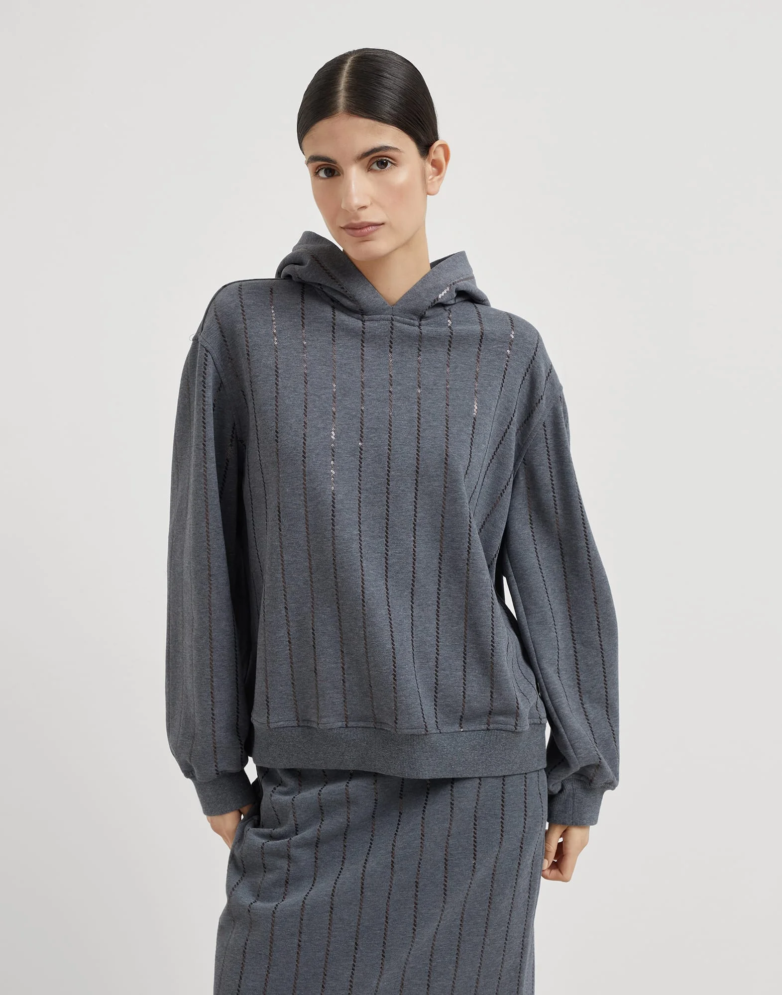 Cotton smooth French terry hooded sweatshirt with dazzling chalk stripe embroidery - 1
