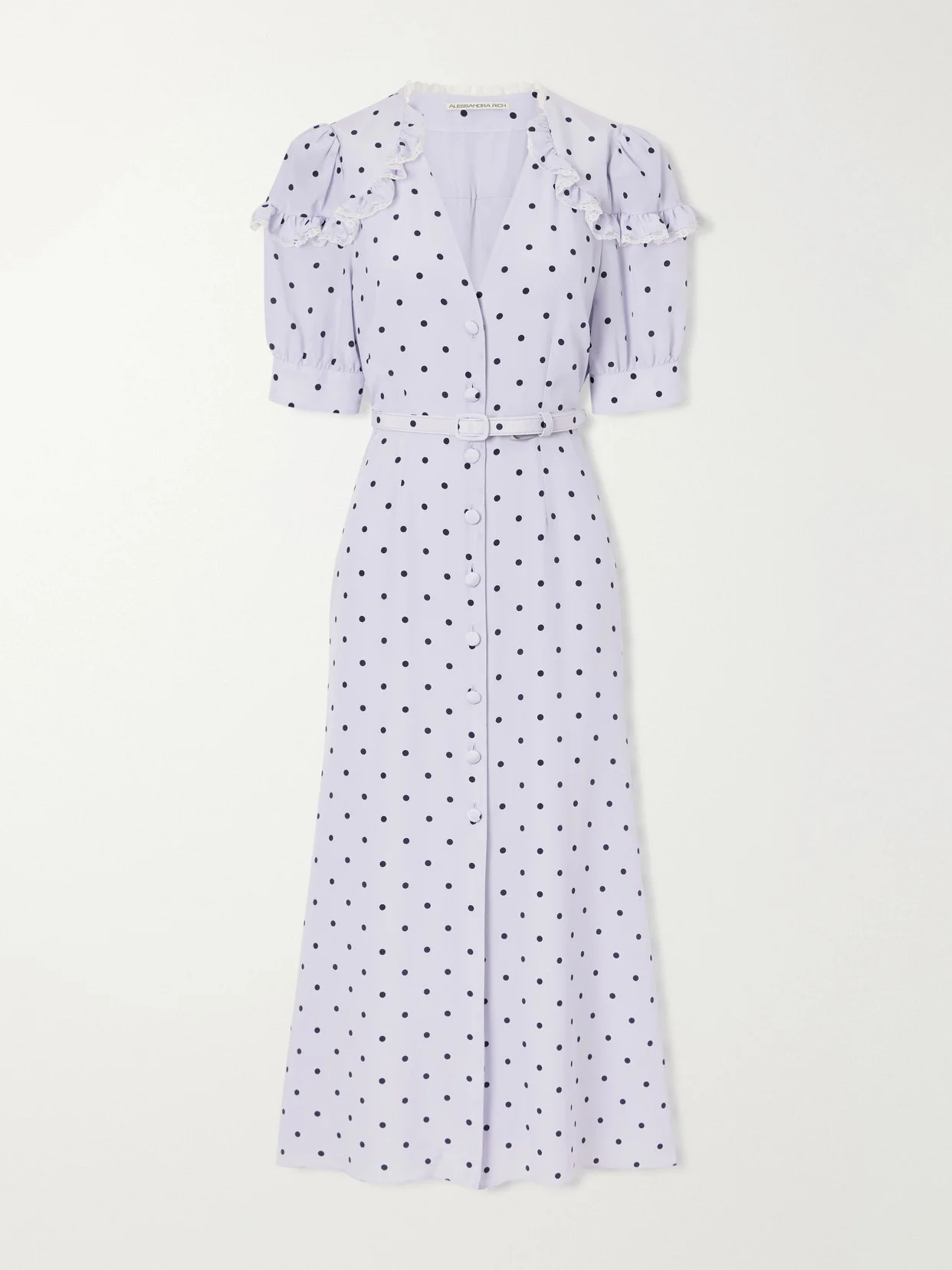 Belted Polka-dot Lace-trimmed Silk Midi Dress - 1