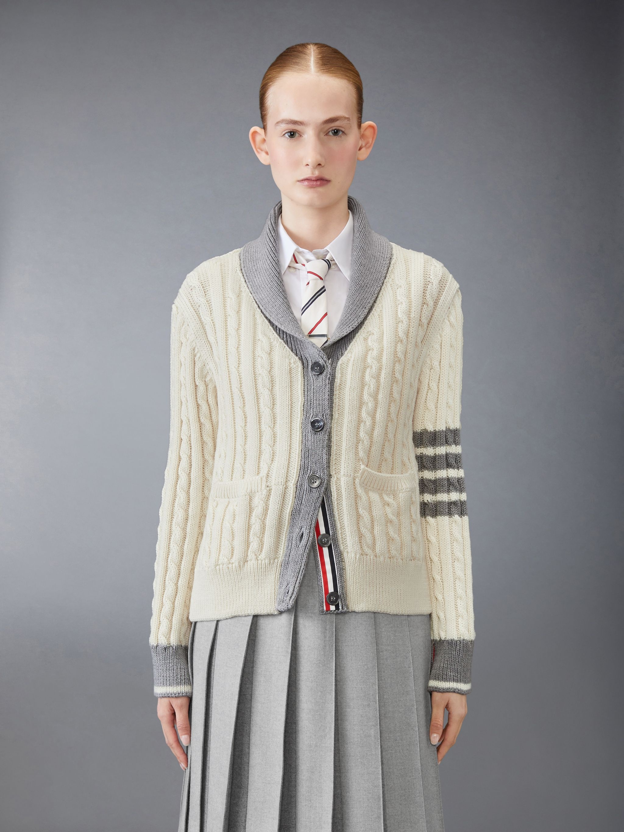Classic Wool 4-Bar Cable Knit Cardigan - 1