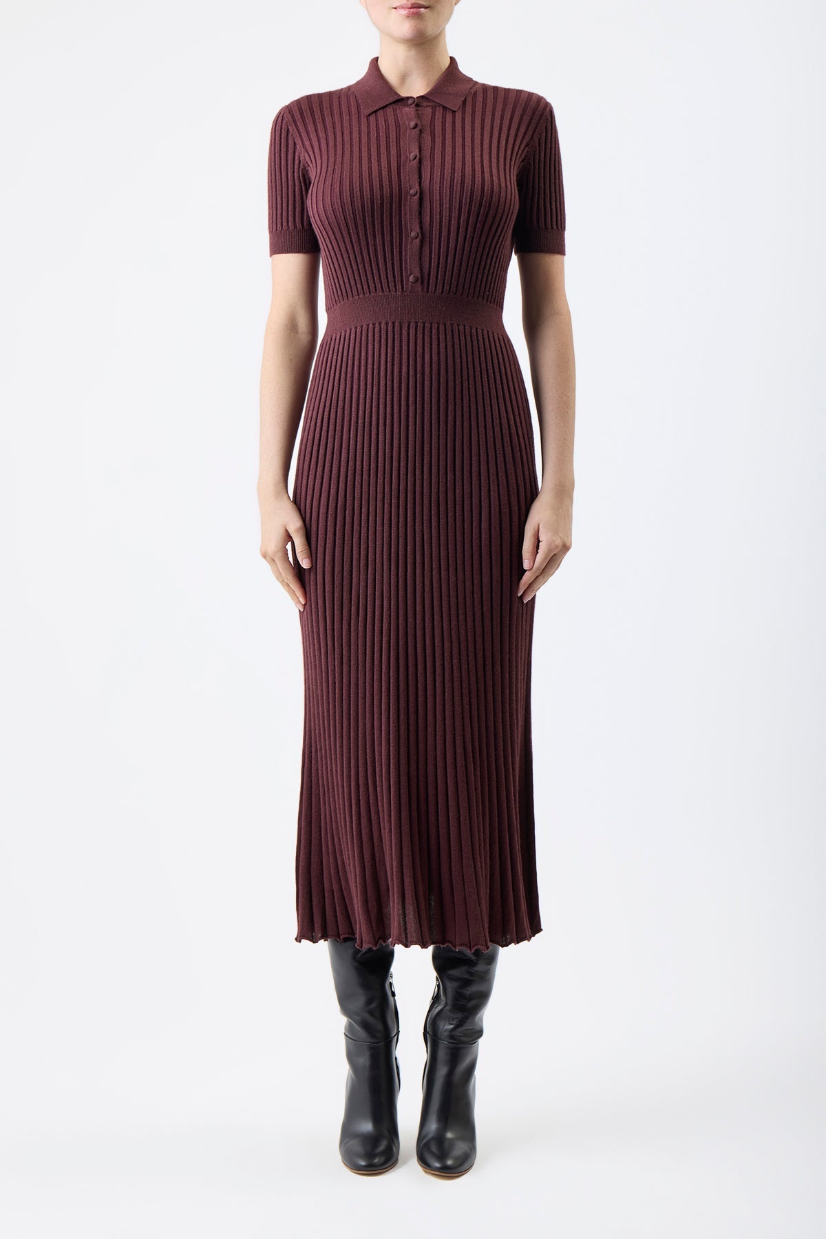 Amor Ribbed Dress in Deep Bordeaux Silk Cashmere - 2