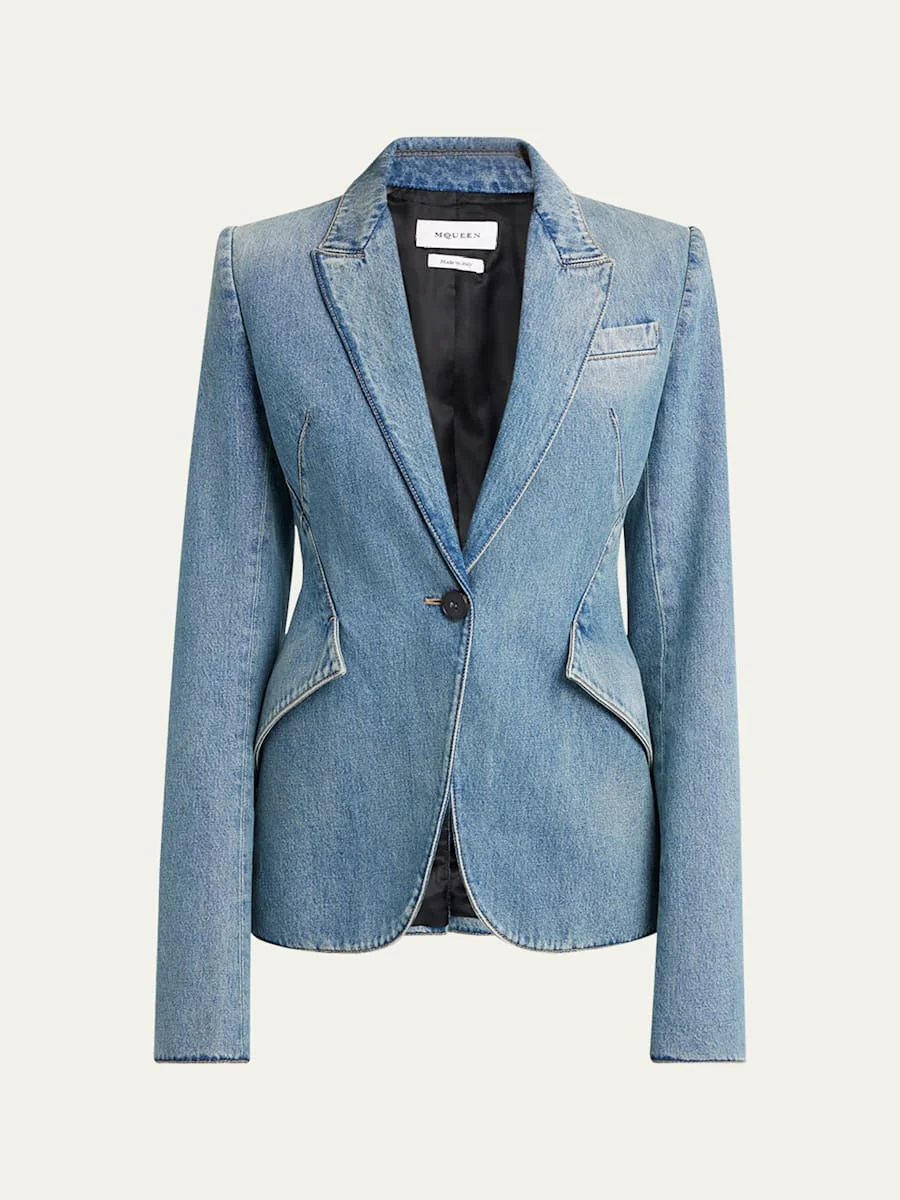 One-Button Denim Blazer - 1