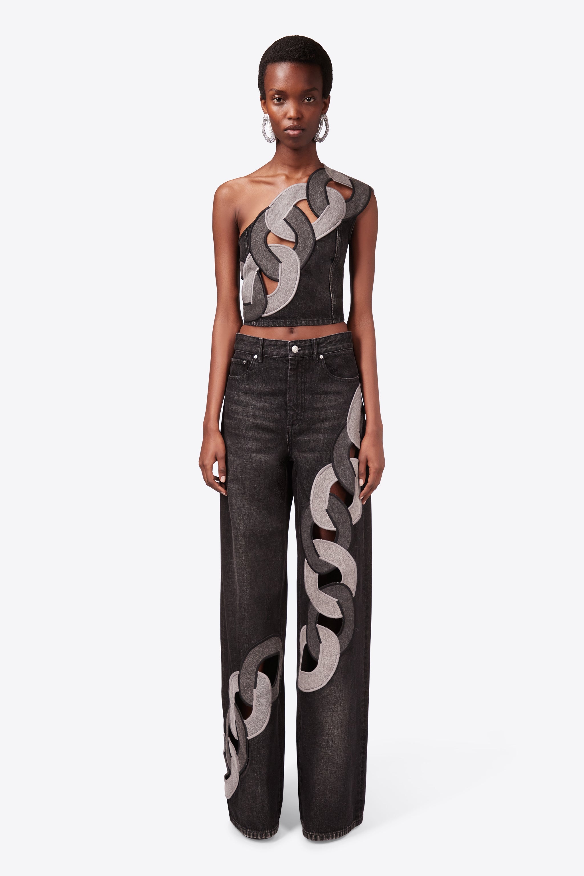 CHAIN CUTOUT WIDE LEG JEAN - 5