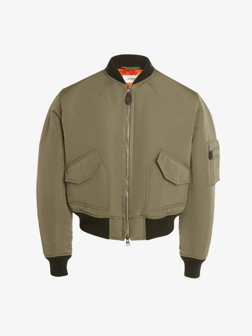 Mcqueen Graffiti Cropped Bomber Jacket in Military Green - 1