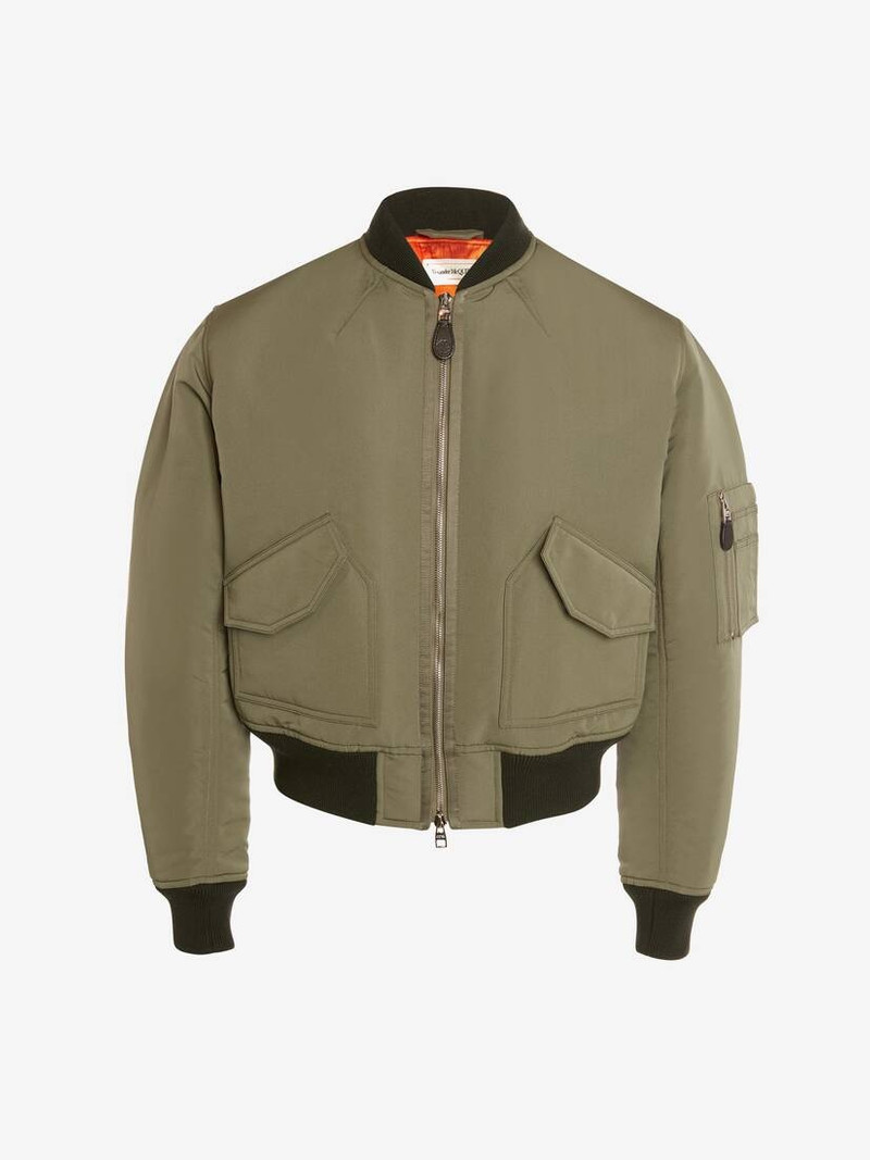 Mcqueen Graffiti Cropped Bomber Jacket in Military Green - 1