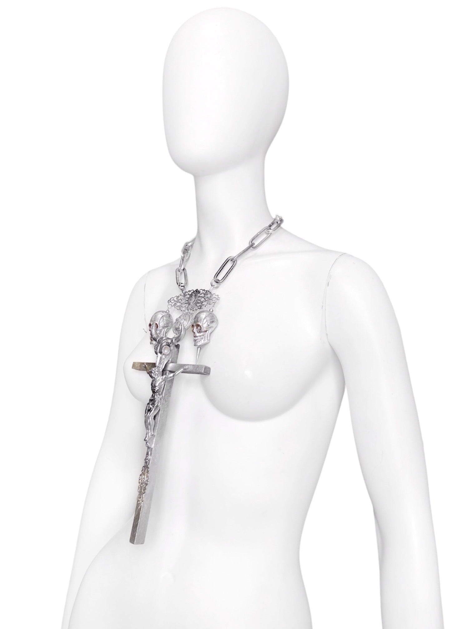 Jean Paul Gaultier 90S Sample 1/1 XXL Silver Crucifix Cross Bull Skull Spiked Chain Necklace - 6