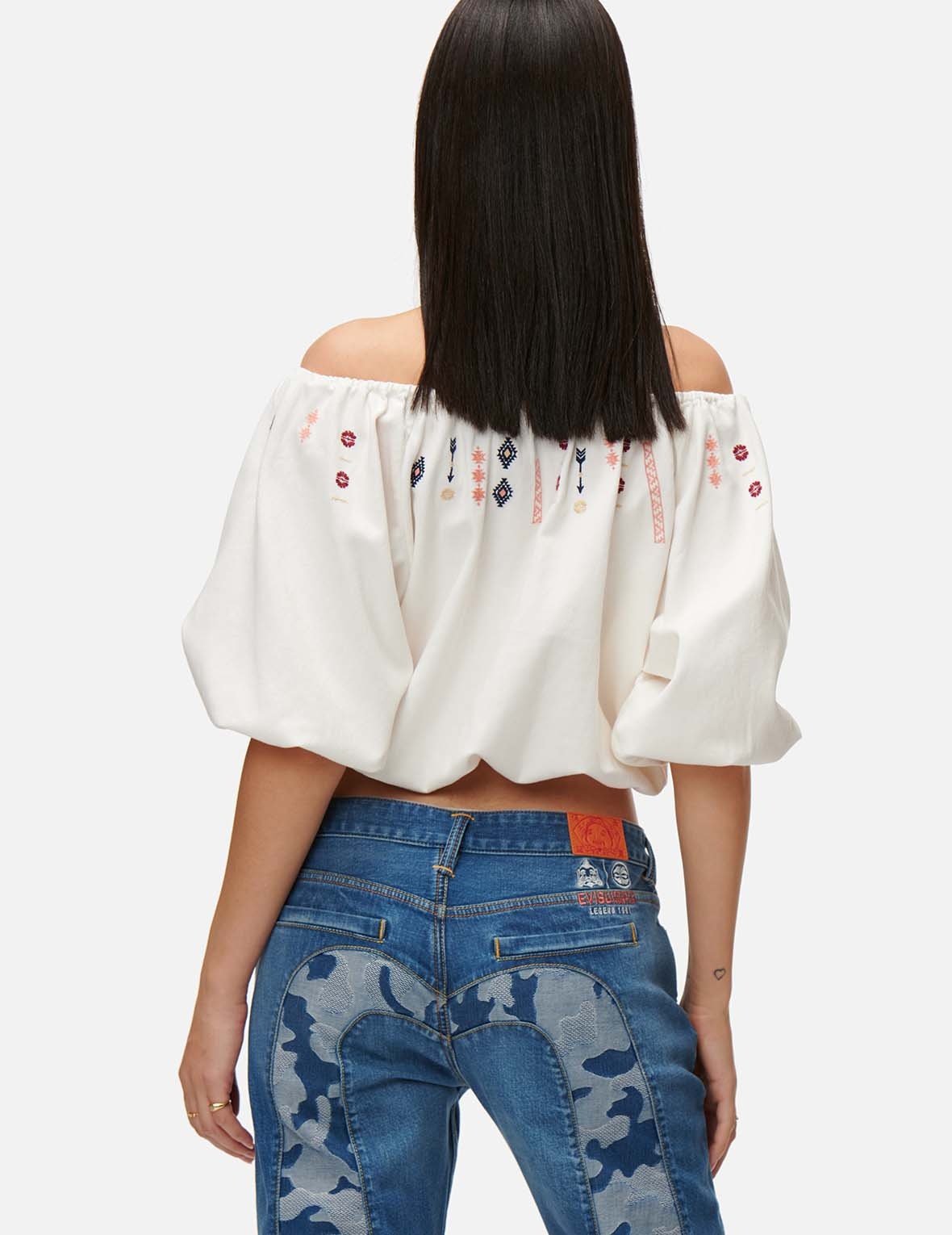 FOLKLORE PATTERN EMBROIDERED DENIM BLOUSE - 4