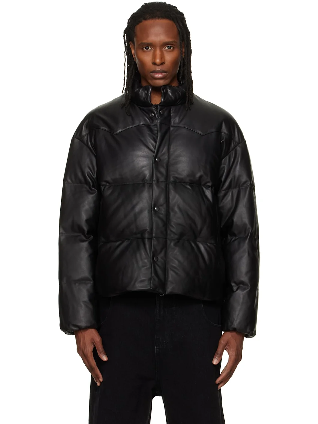 Black Lamb Leather Down Puffer Jacket - 1