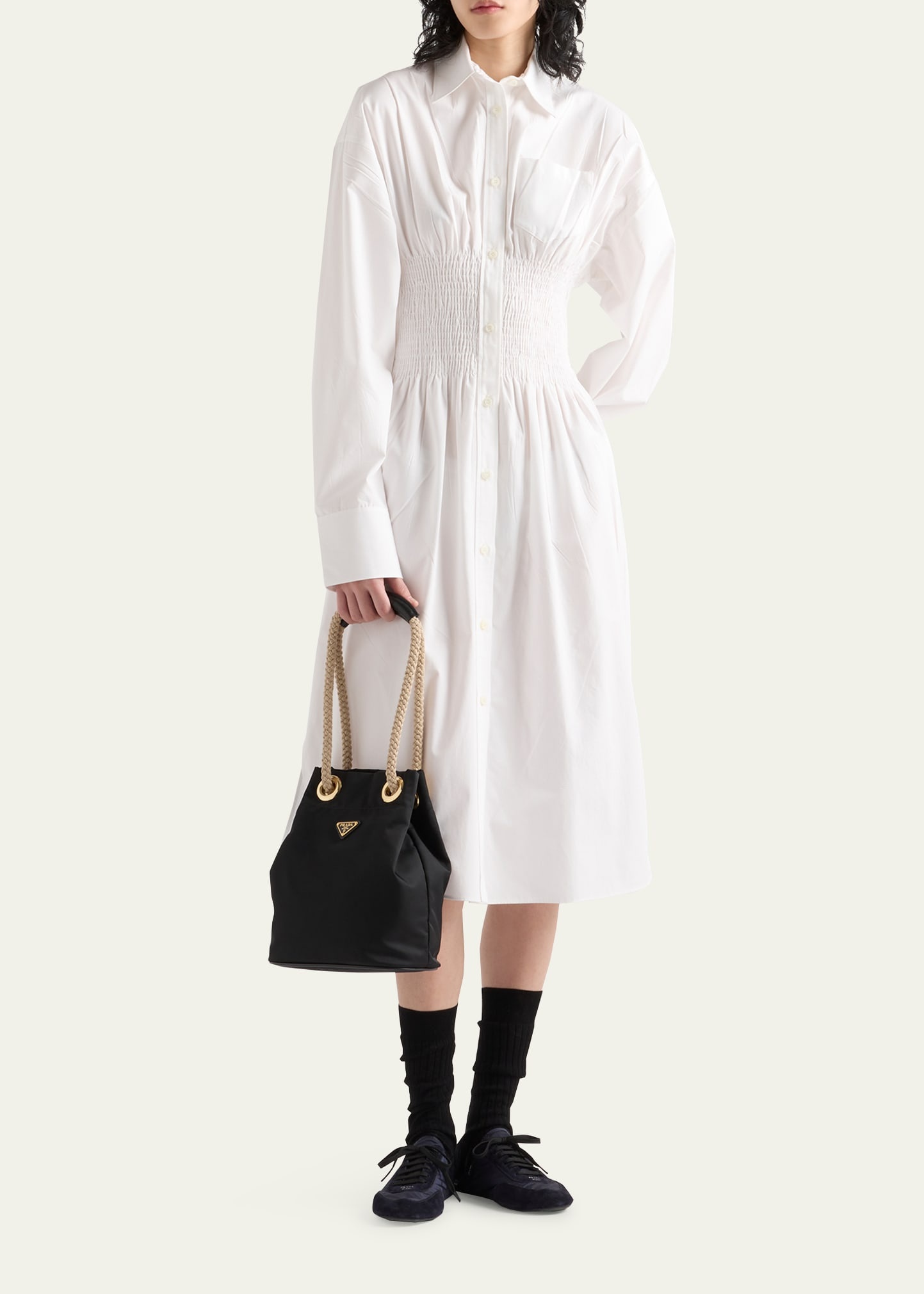 Smocked Canvas Fit-and-Flare Midi Shirt Dress - 2