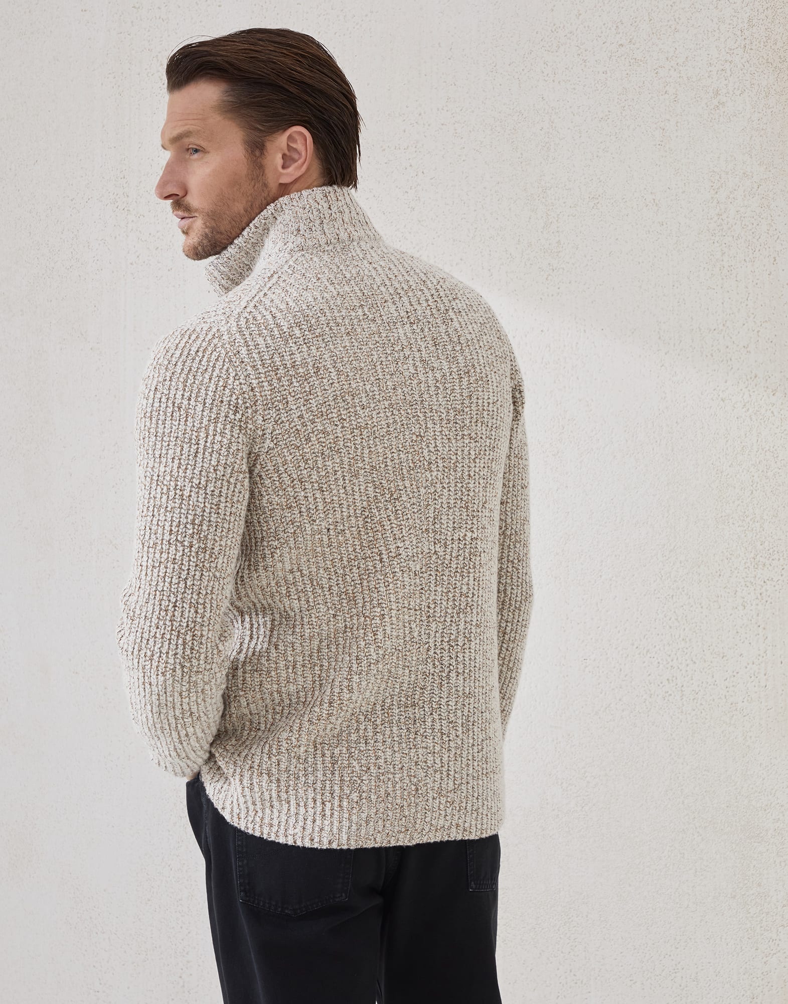 Mouliné virgin wool, silk and cashmere half English rib one-and-a-half breasted cardigan with metal  - 2