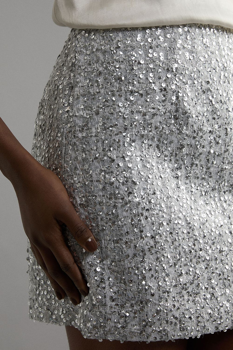 Tall Sequin Metallic Boucle Belted Tailored Mini Skirt 3