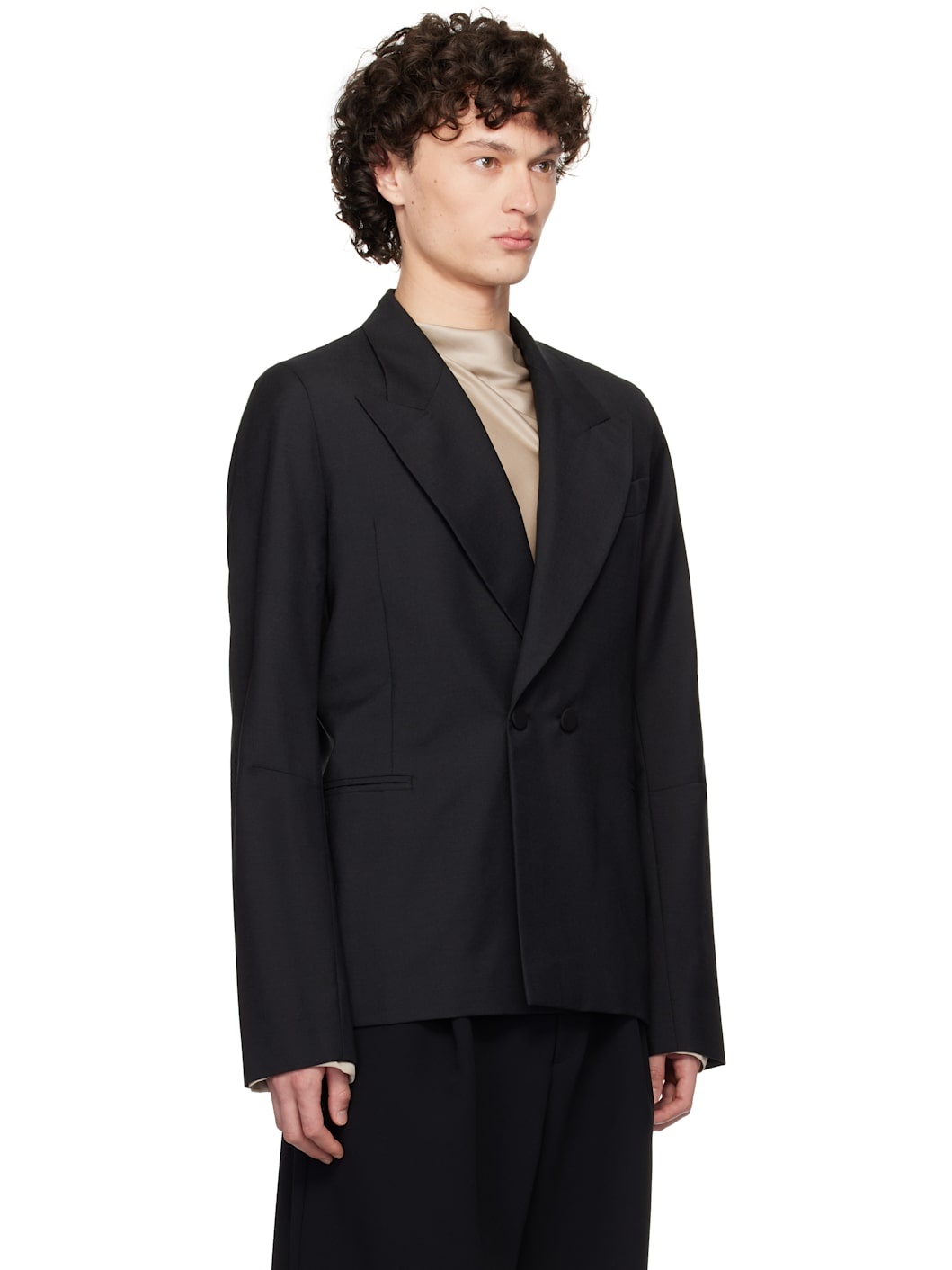 Black D Breasted Wool Blazer - 2