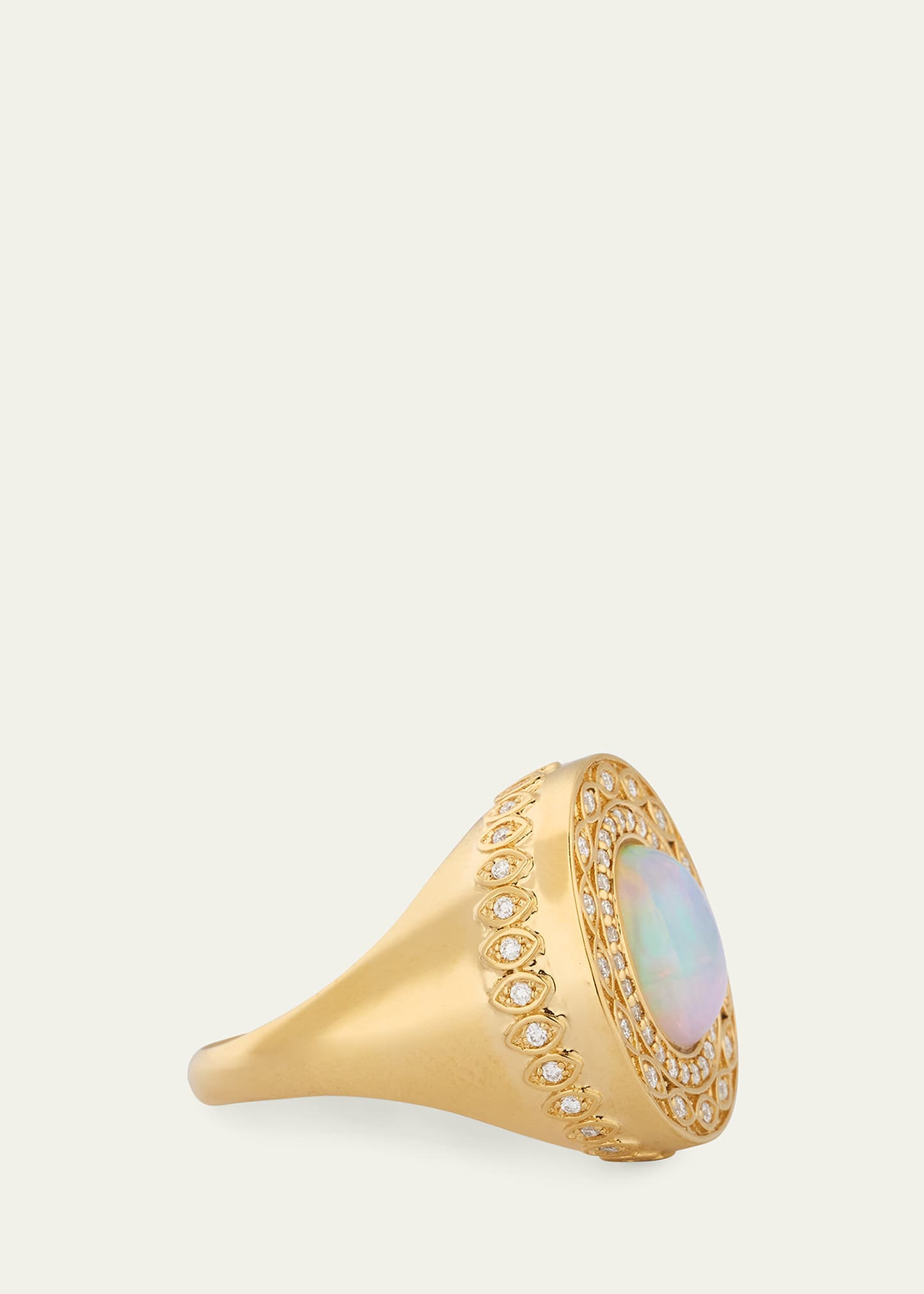 14K Yellow Gold Marquise Eye Opal Cabochon Signet Ring with Diamonds - 4
