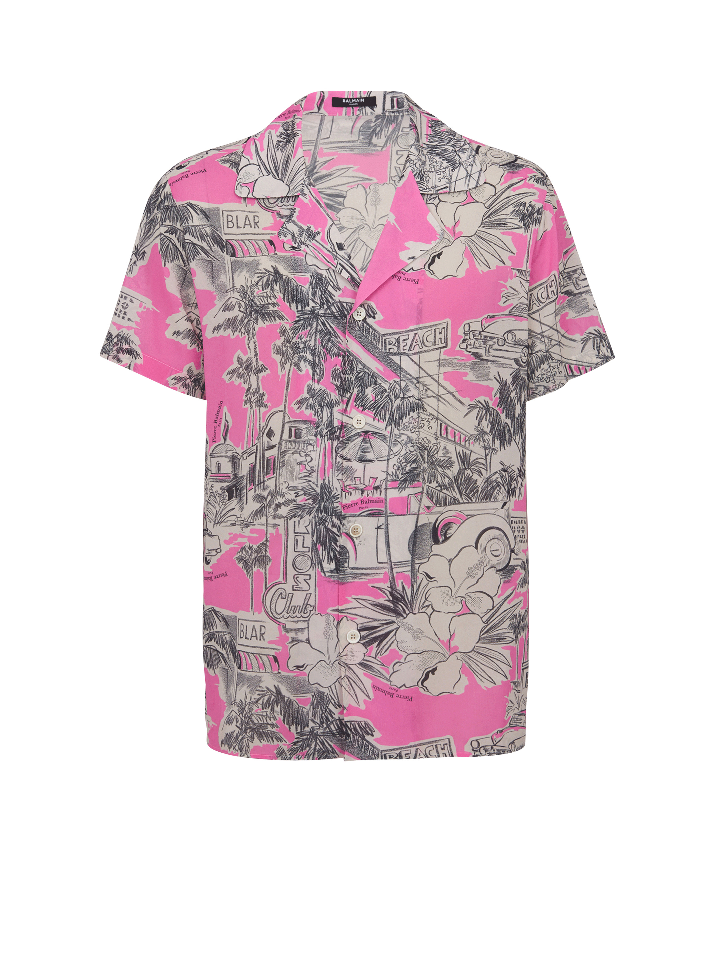Short-sleeved silk pyjama shirt with Miami print - 1